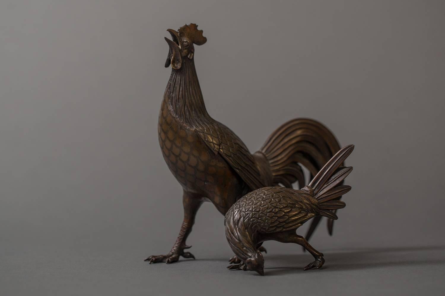Japanese Pair of Bronze Chickens, Cock ‘Incense Burner’ and Hen