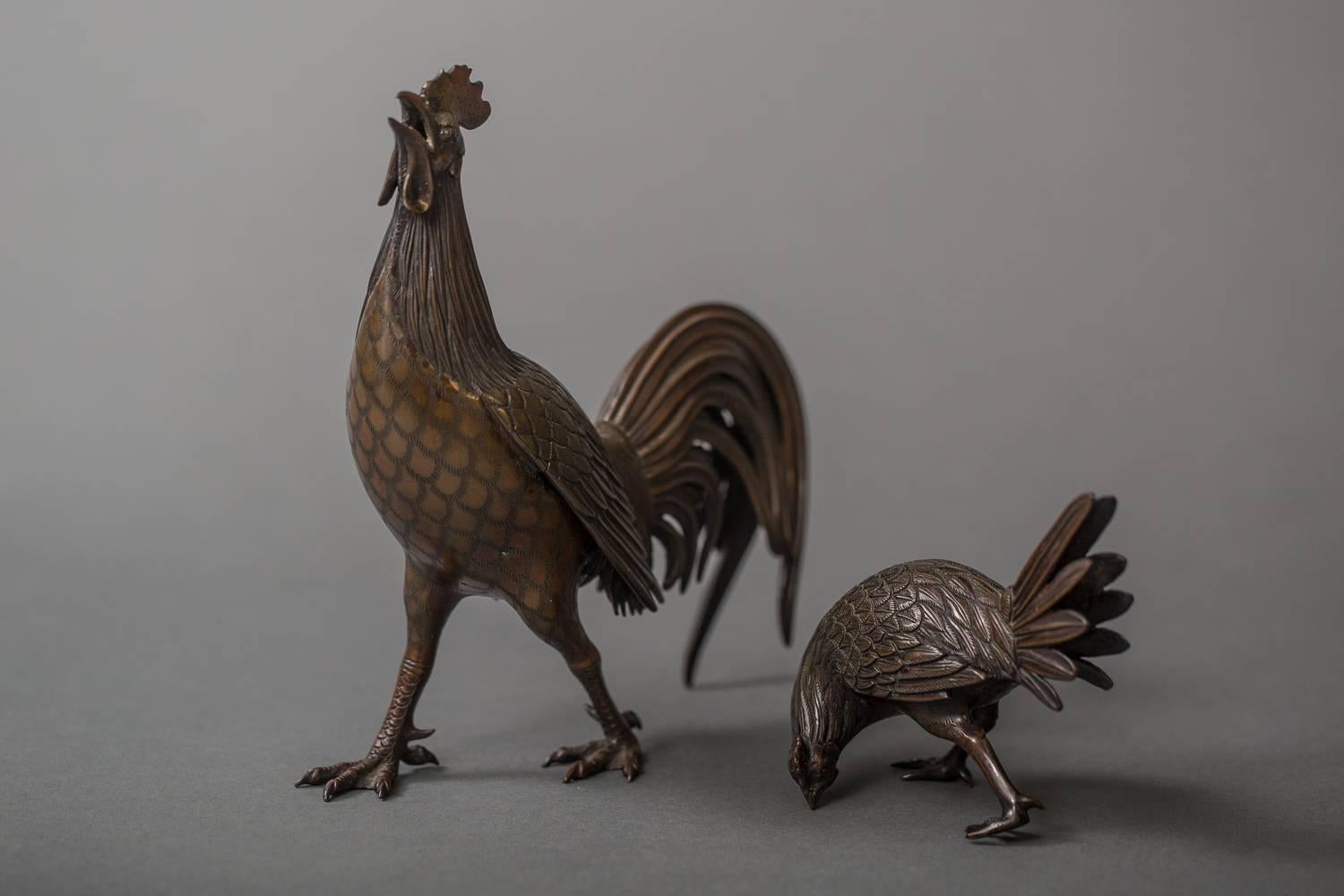 Pair of Bronze Chickens, Cock ‘Incense Burner’ and Hen In Excellent Condition In Hudson, NY