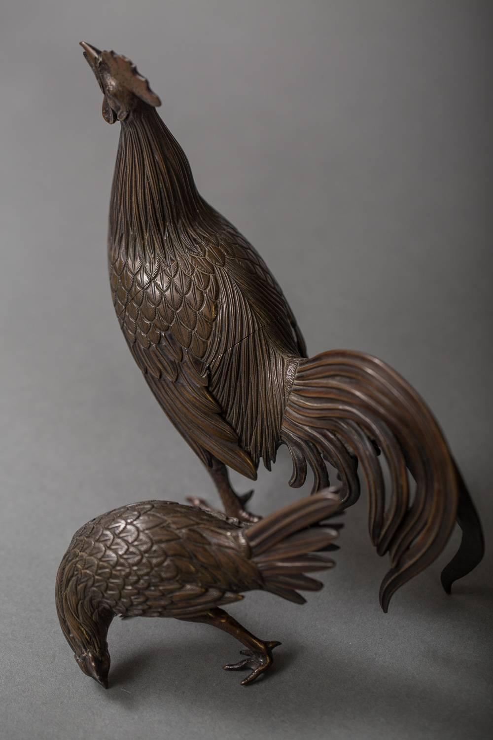 19th Century Pair of Bronze Chickens, Cock ‘Incense Burner’ and Hen