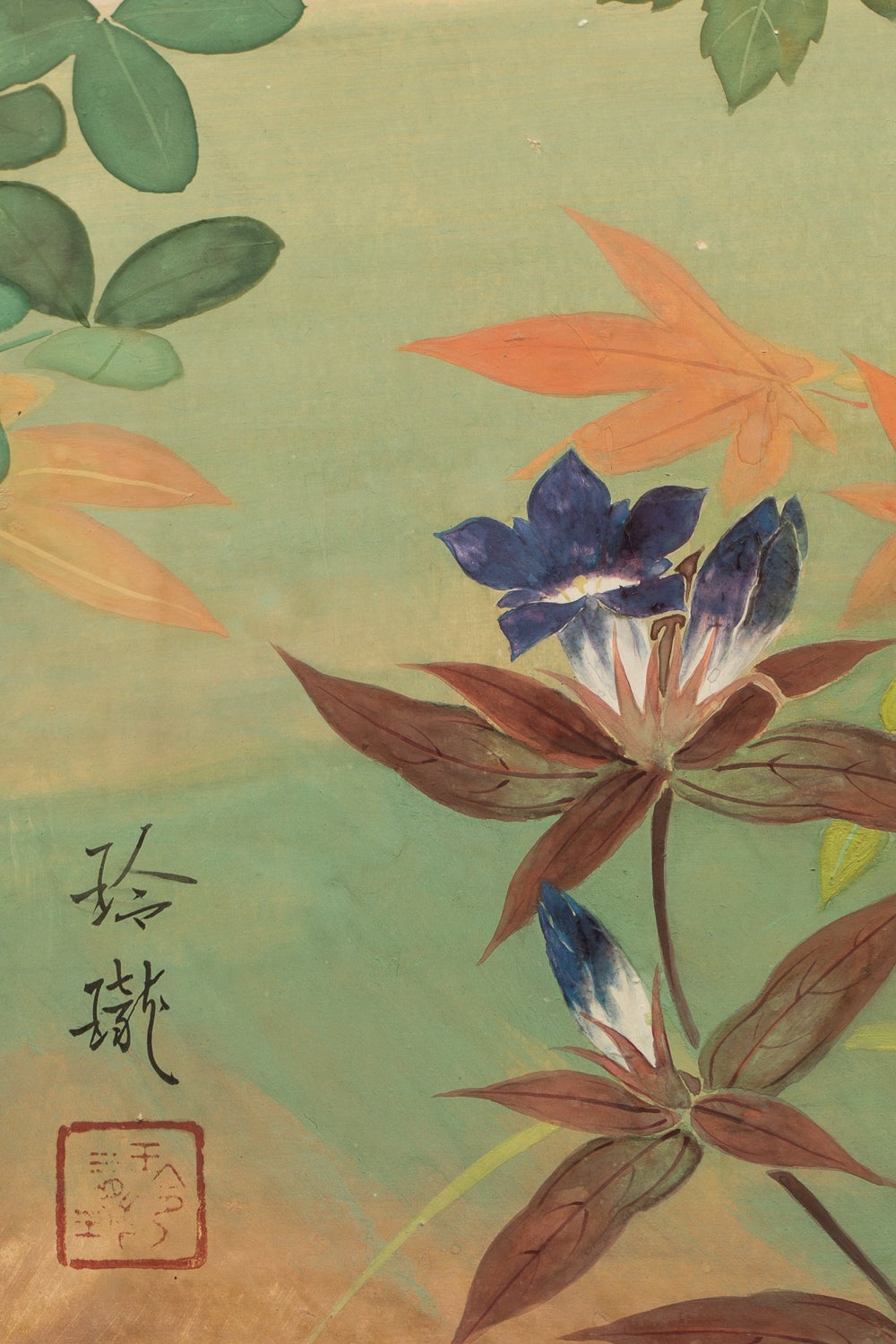 Japanese Two Panel Screen Early Autumn Maple And Flowers At 1stdibs
