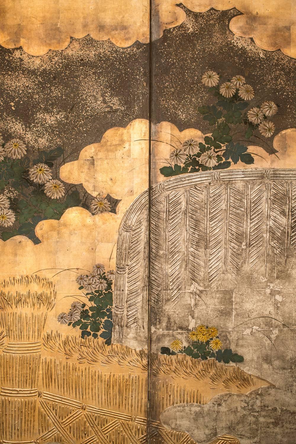 Hand-Painted Japanese Six-Panel Screen, “Rimpa School Chrysanthemums on Silver and Gold”