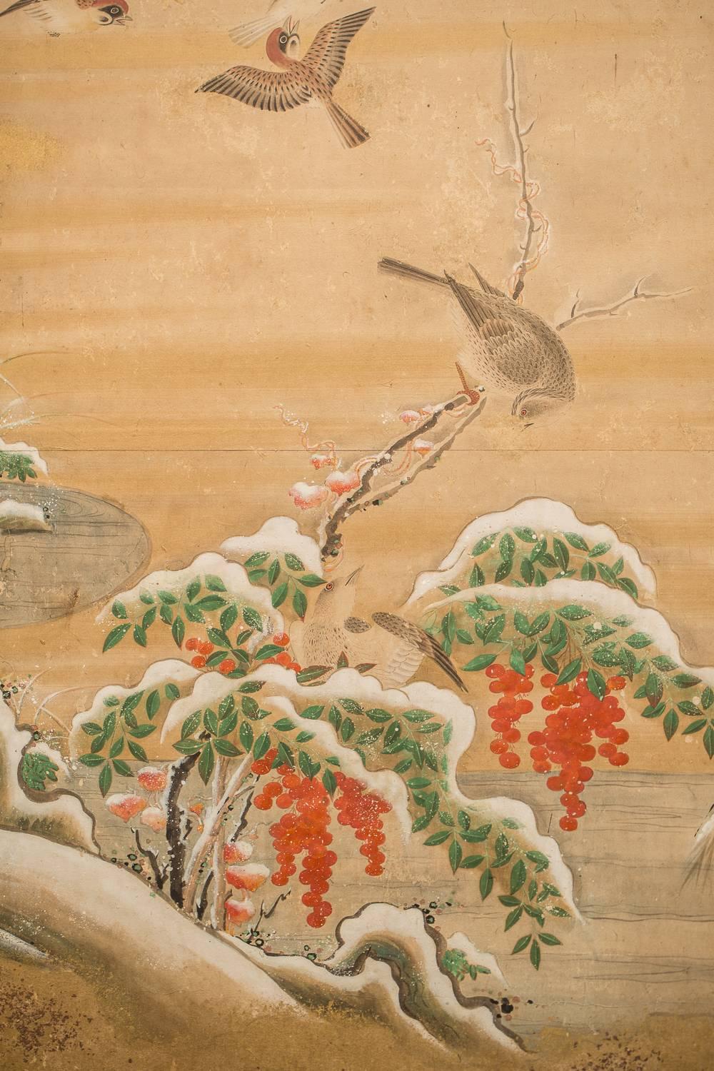 Peint à la main Paravent japonais à six panneaux : peinture de l'école Rimpa de l'hiver au printemps en vente