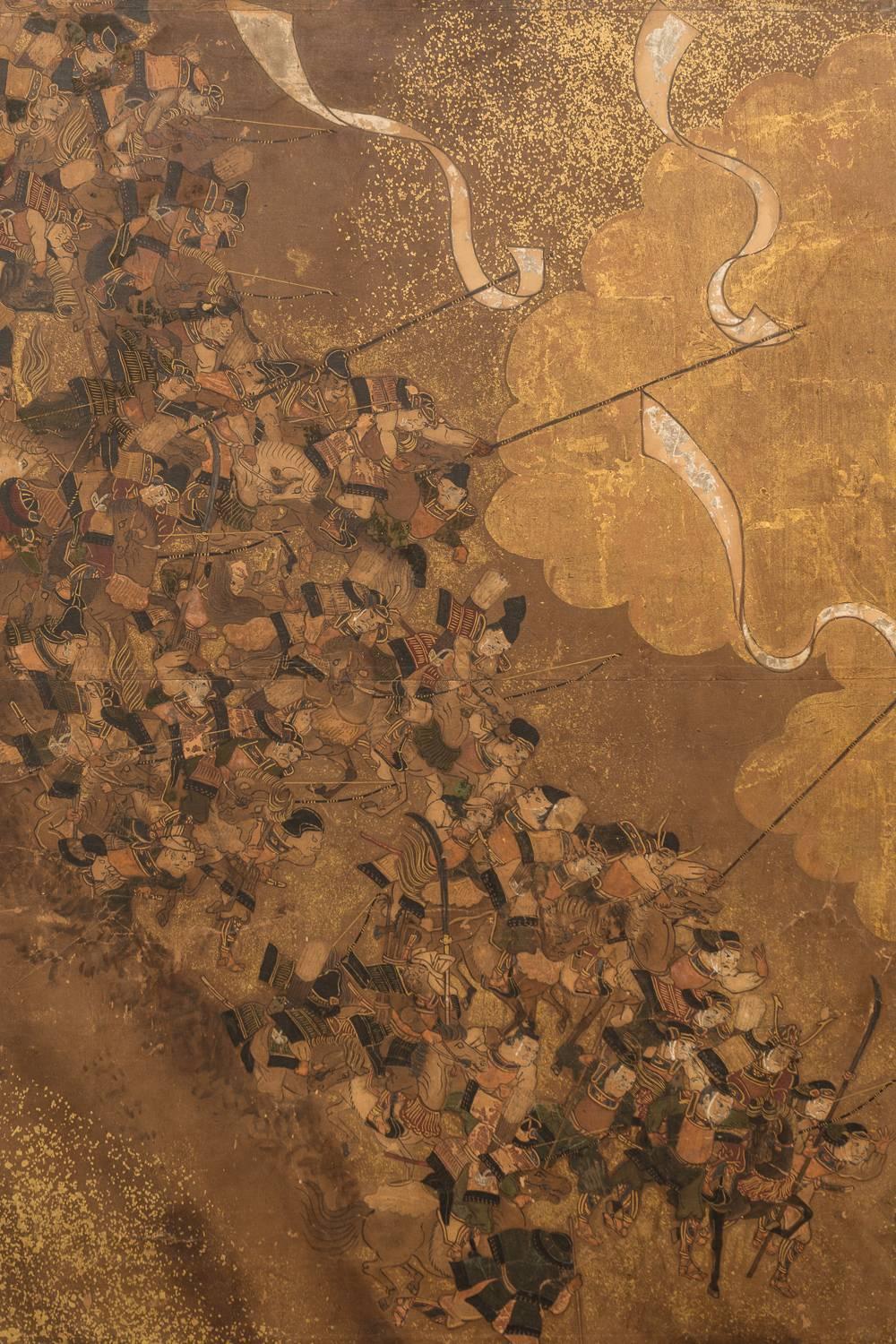 Tosa School painting depicting opposing samurai, Benkei and Yoshitsune, excellent detail, mineral pigments on gold leaf with gold dust.