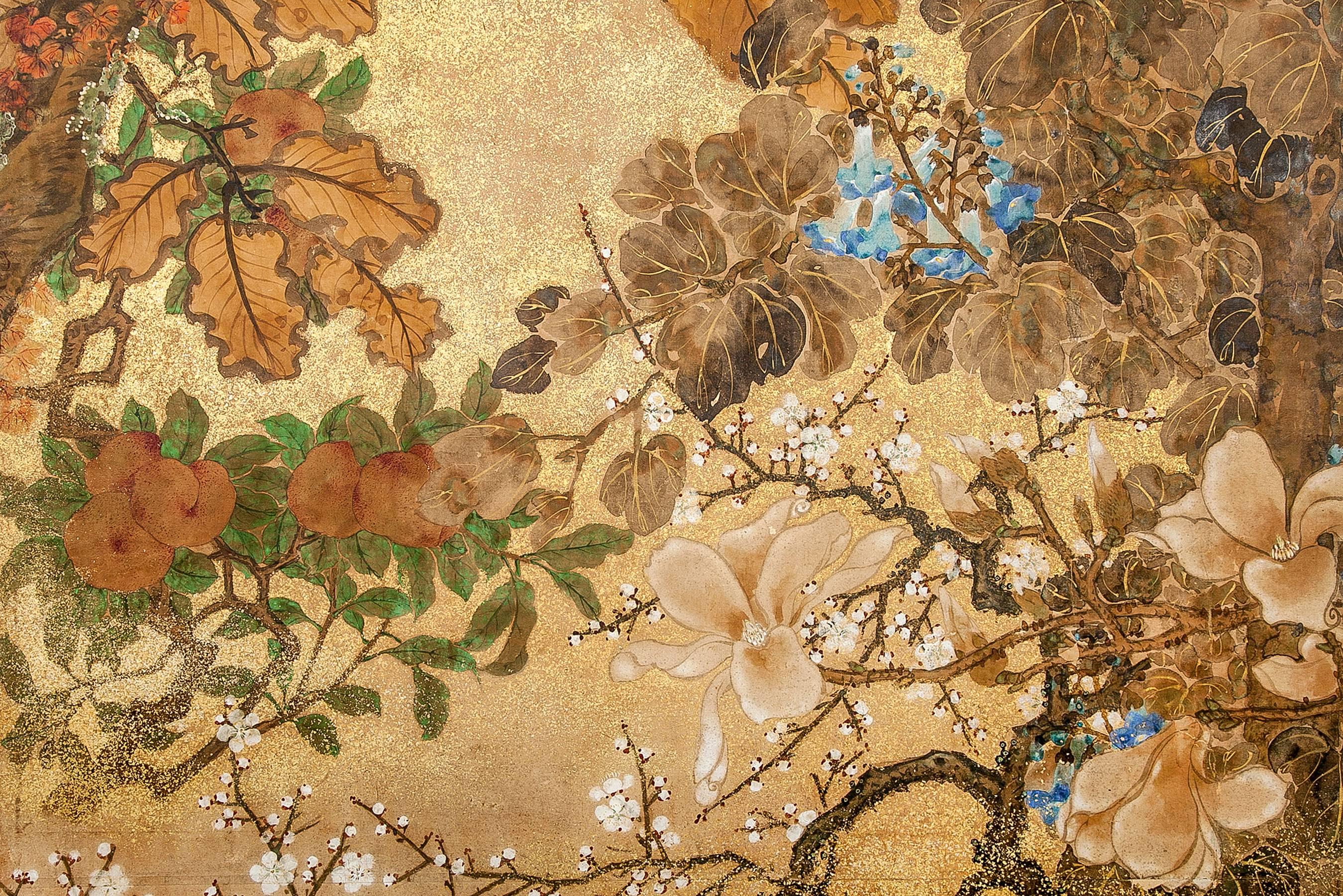 Floral landscape with gold dust on mulberry paper.
One of a pair.