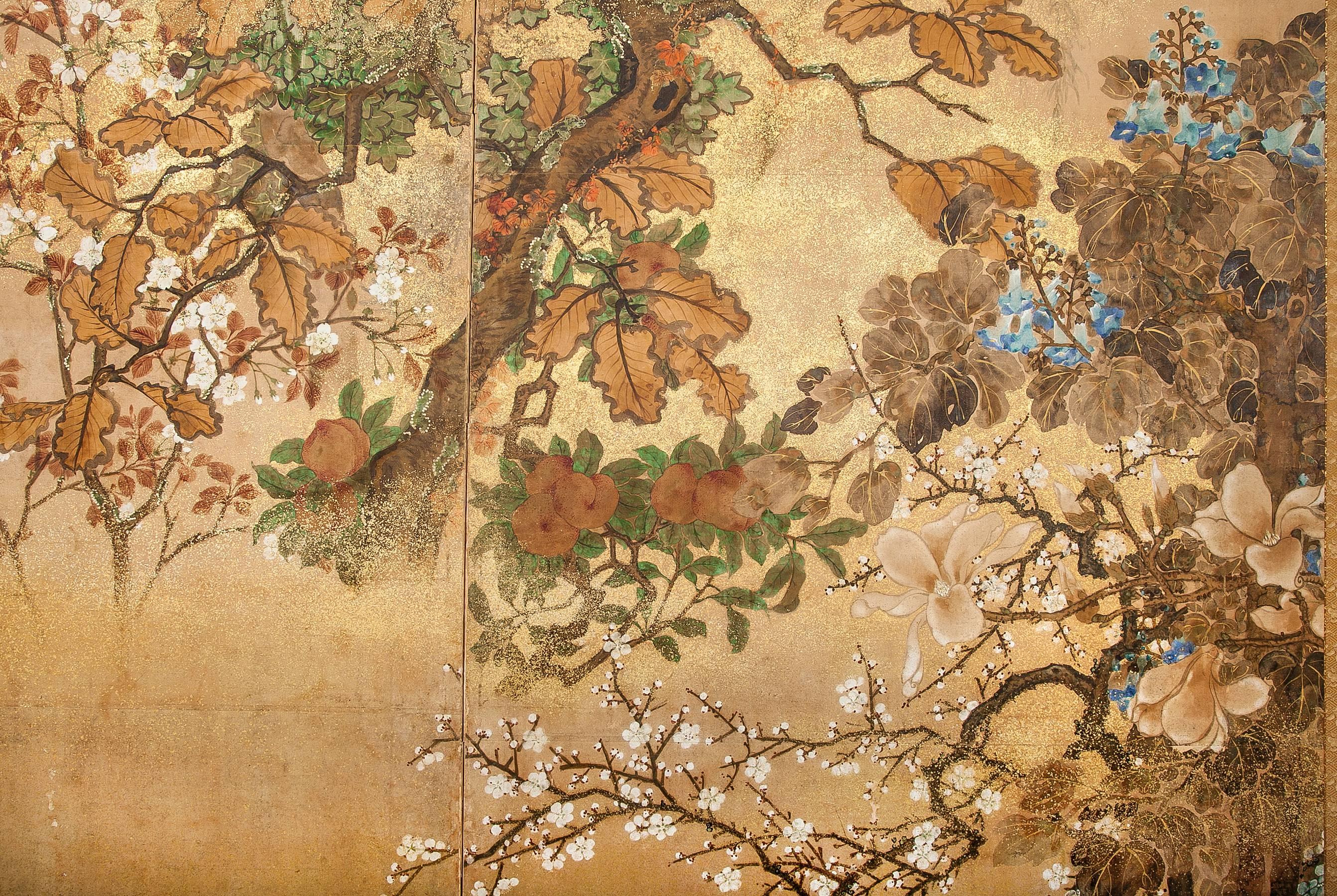 Hand-Painted Japanese Screen, Floral Landscape with Gold Dust