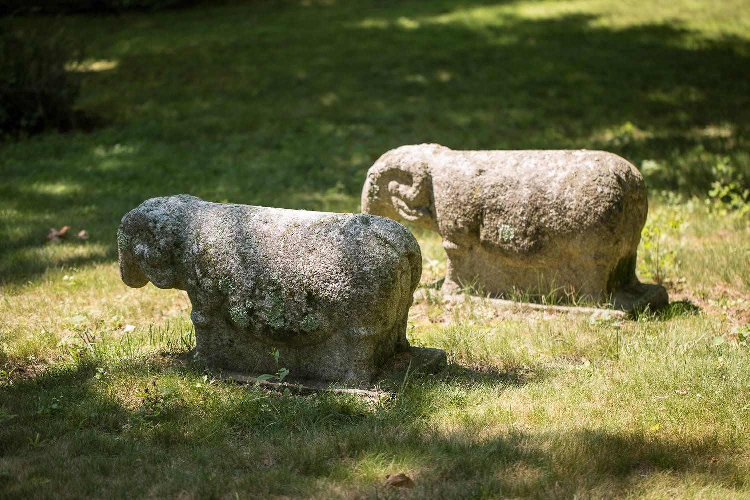 Hand-Carved Pair of Early 16th Century Granite Ram Garden Sculptures For Sale