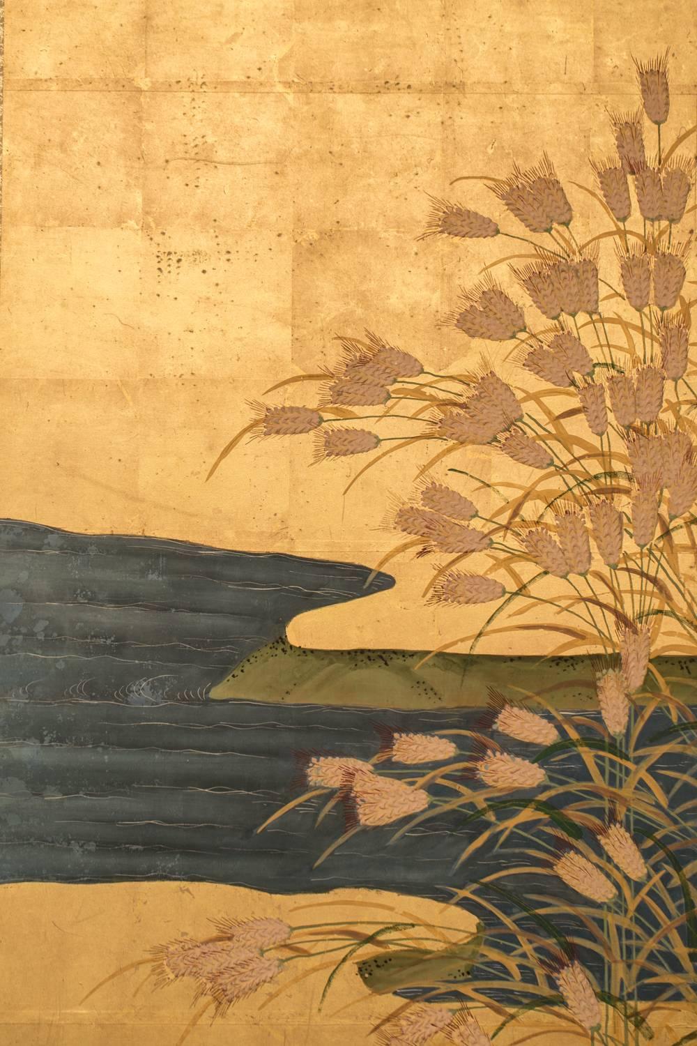Mineral pigments on gold leaf, signature and seal read: Kenzan