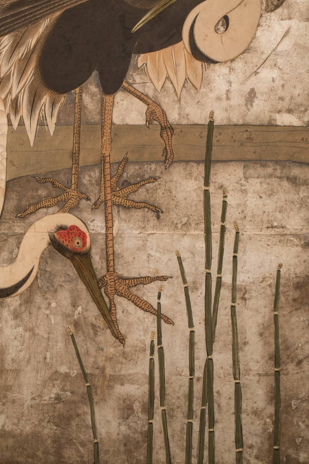 Japanese Two-Panel Screen, Family of Storks at River's Edge 1