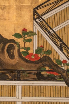 Japanese Two-Panel Screen, Camellia and Plum Blossom over Garden Fence