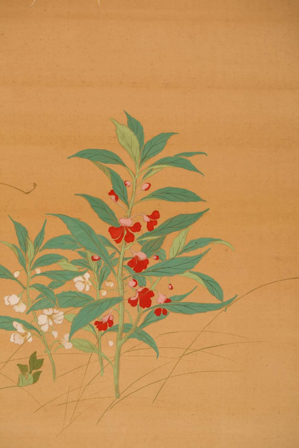 Japanese Two-Panel Screen, Summer Flowers on Silk For Sale 1