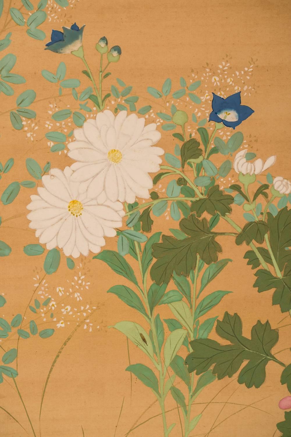 Rimpa painting of flowers including morning glories, hollyhocks, sweet peas, nadeshiko, and daisies.  Signature and seal read: Bisui