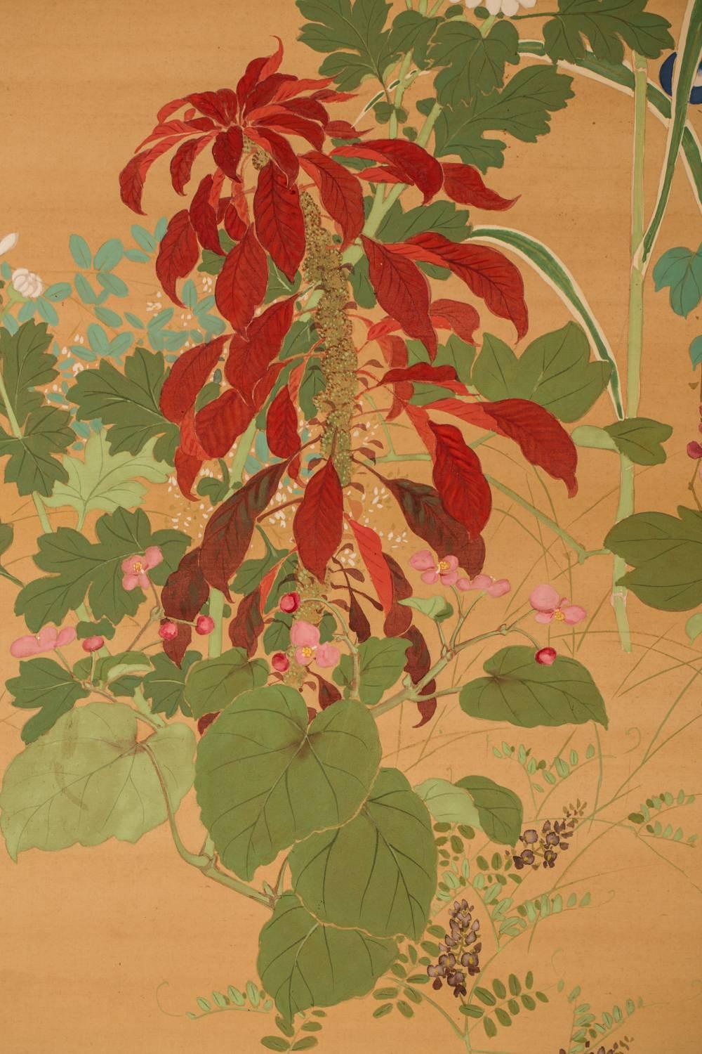 Meiji Japanese Two-Panel Screen, Summer Flowers on Silk For Sale