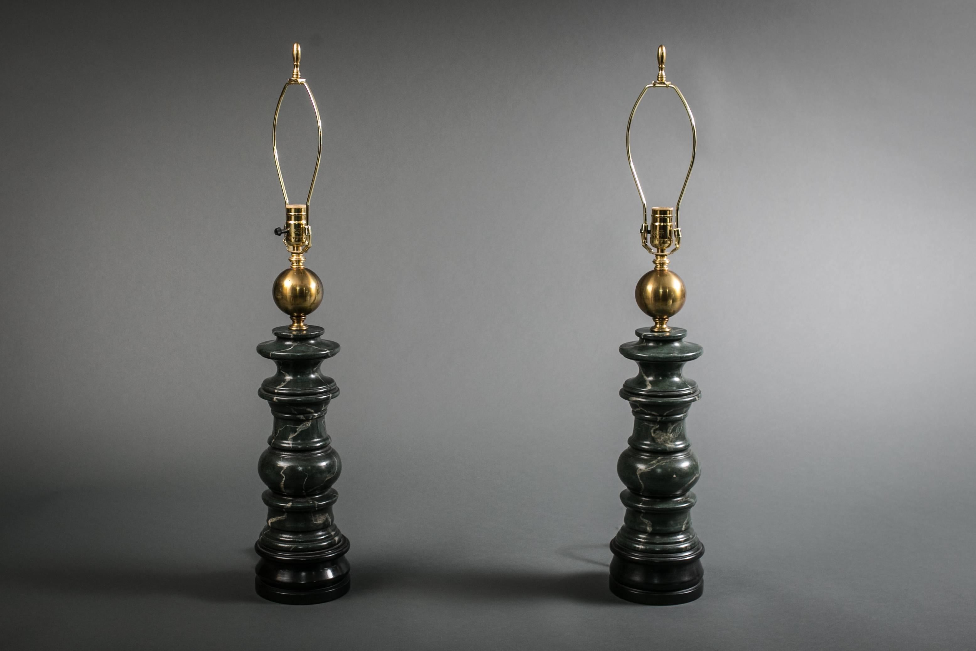 American Pair of Neoclassical Style Turnwood and Faux Marble Painted Lamps For Sale