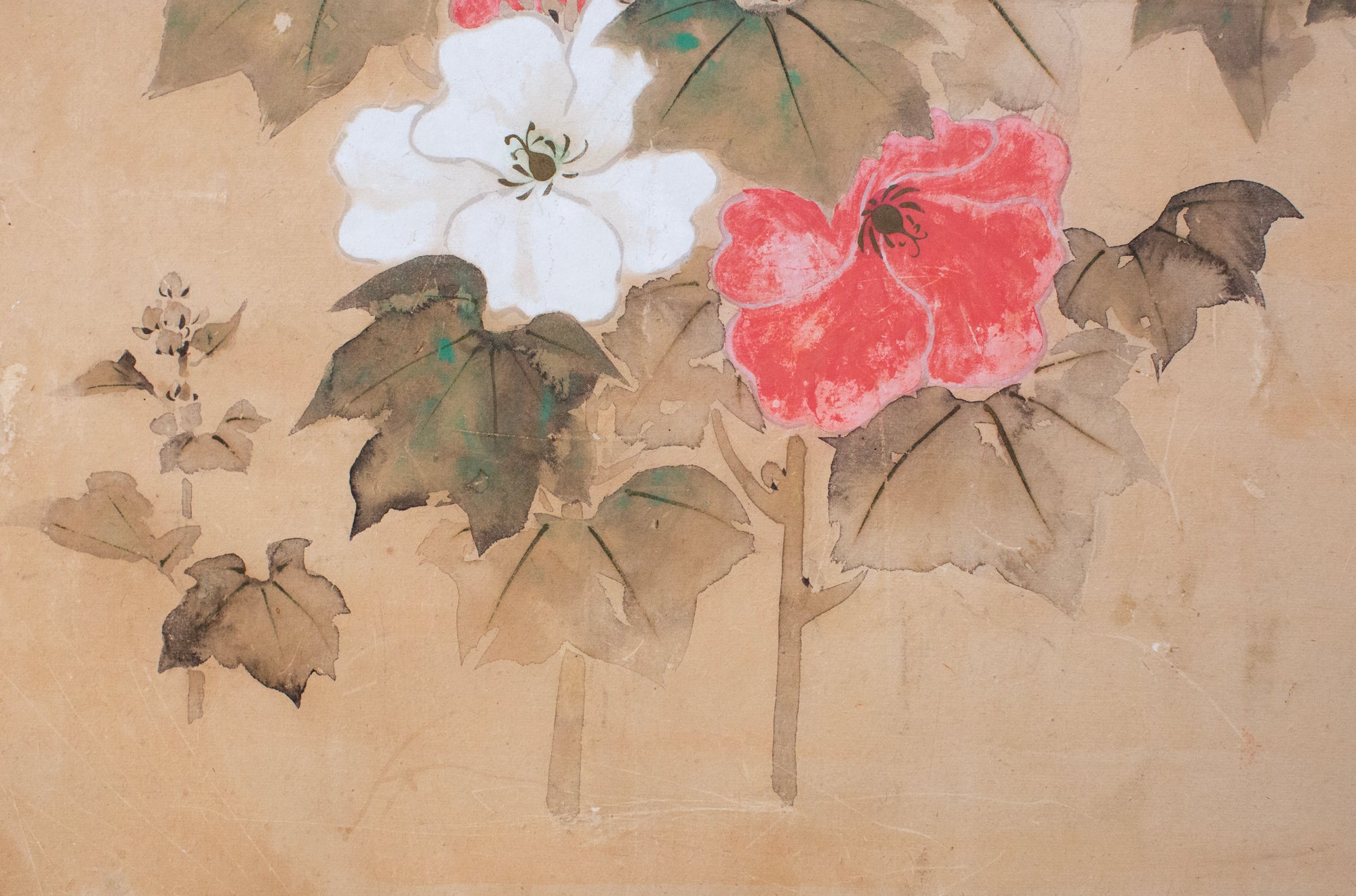 Japanese Two Panel Screen Hollyhocks - 