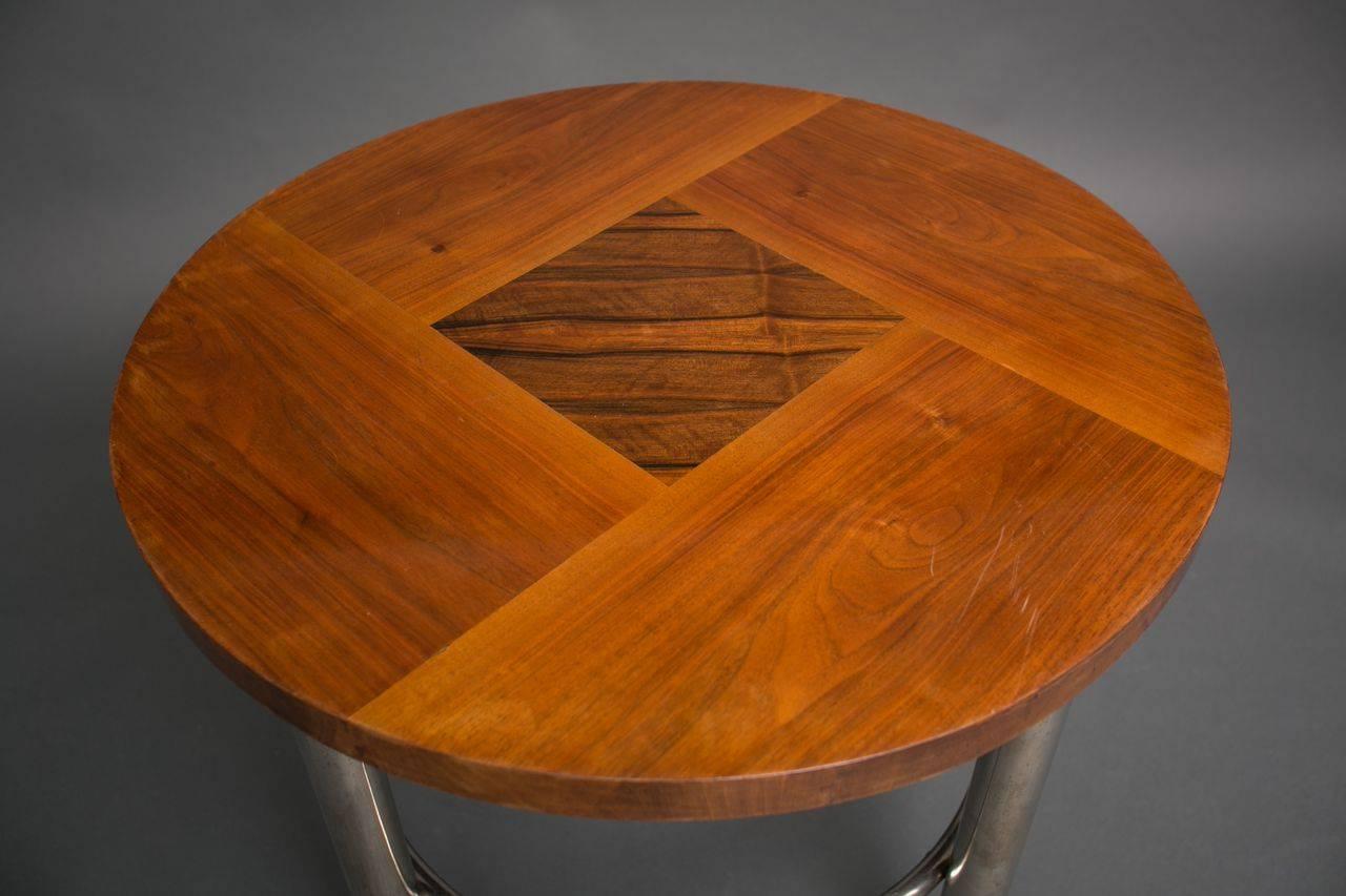 Art Deco Walnut Table with Chrome Base In Excellent Condition For Sale In Hudson, NY