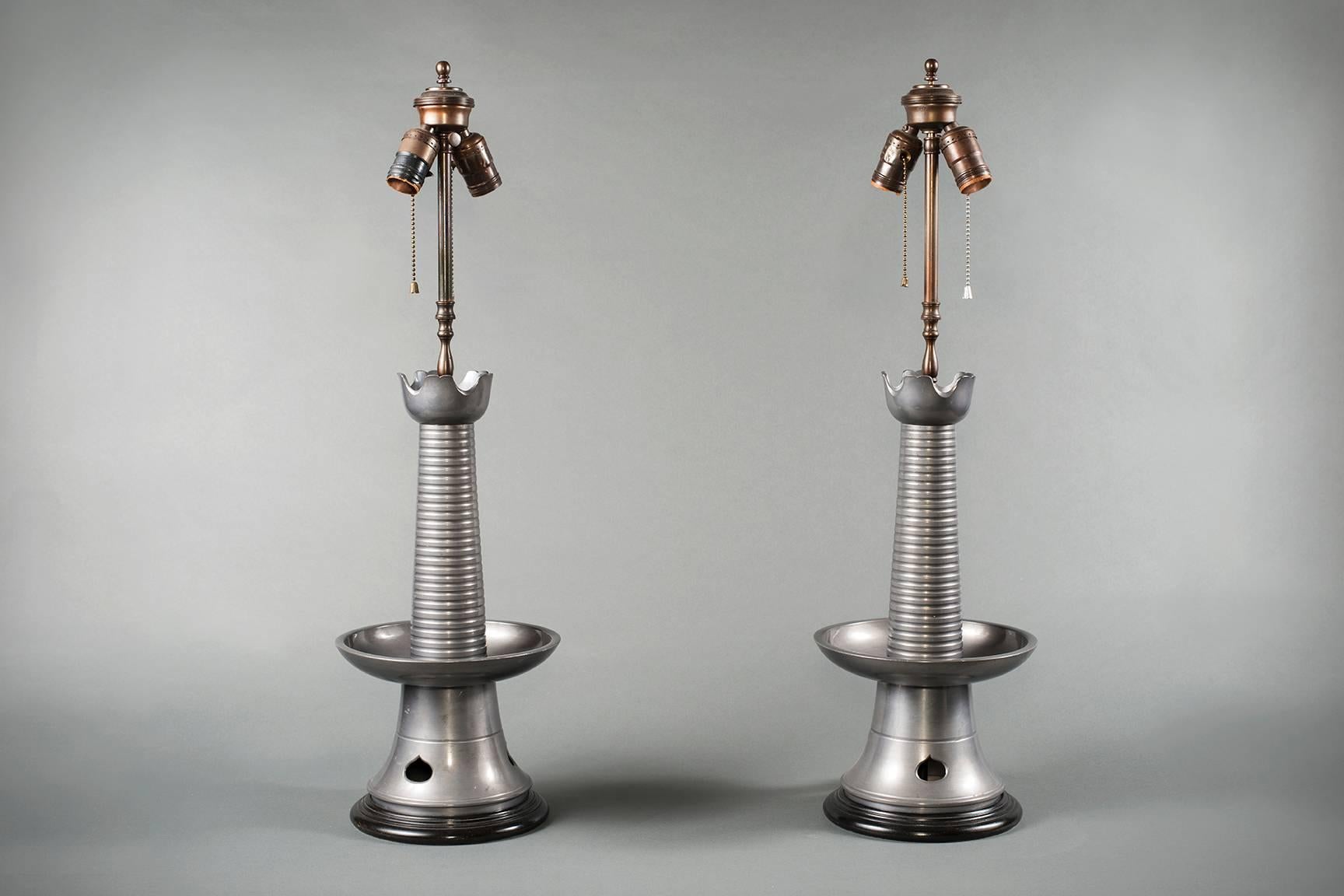 20th Century Pair of Japanese Pewter Lamps