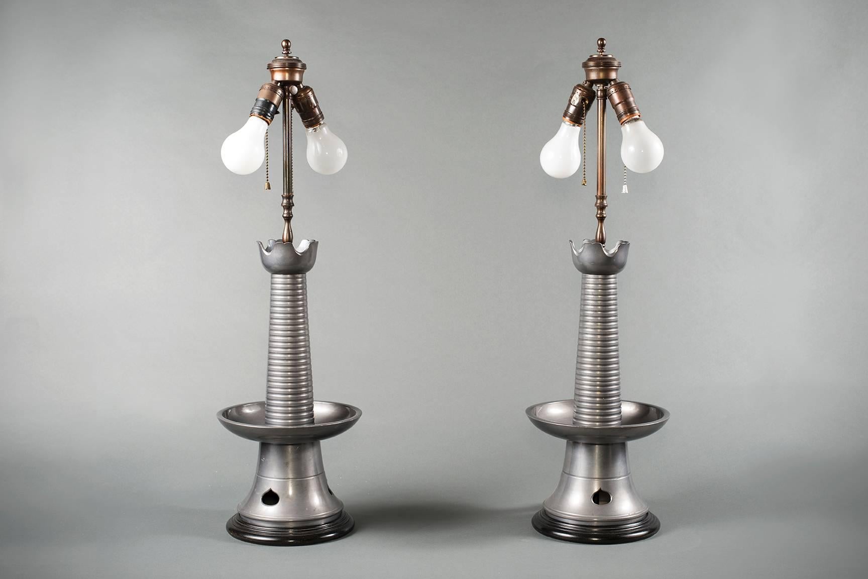 Pair of Japanese Pewter Lamps In Excellent Condition In Hudson, NY