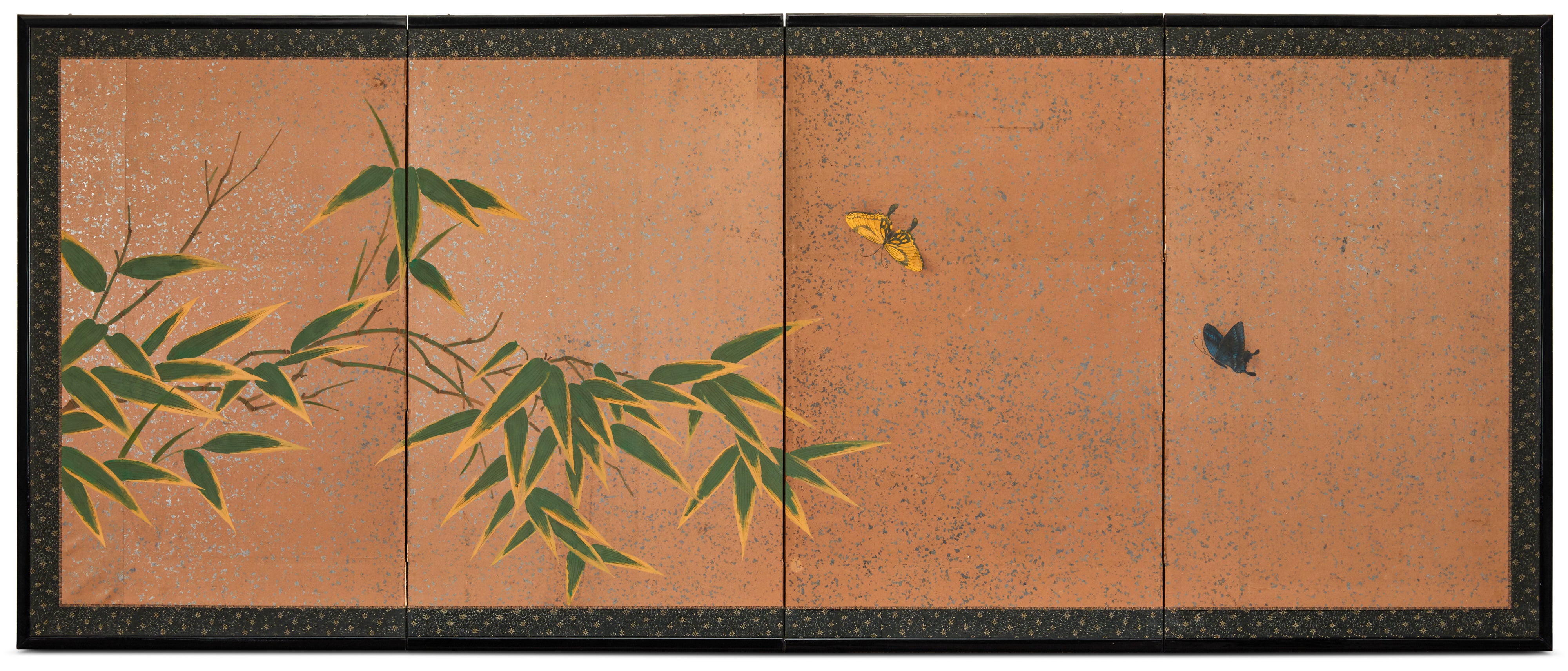 Japanese Four Panel Screen, Bamboo and Butterflies with Silver Dust