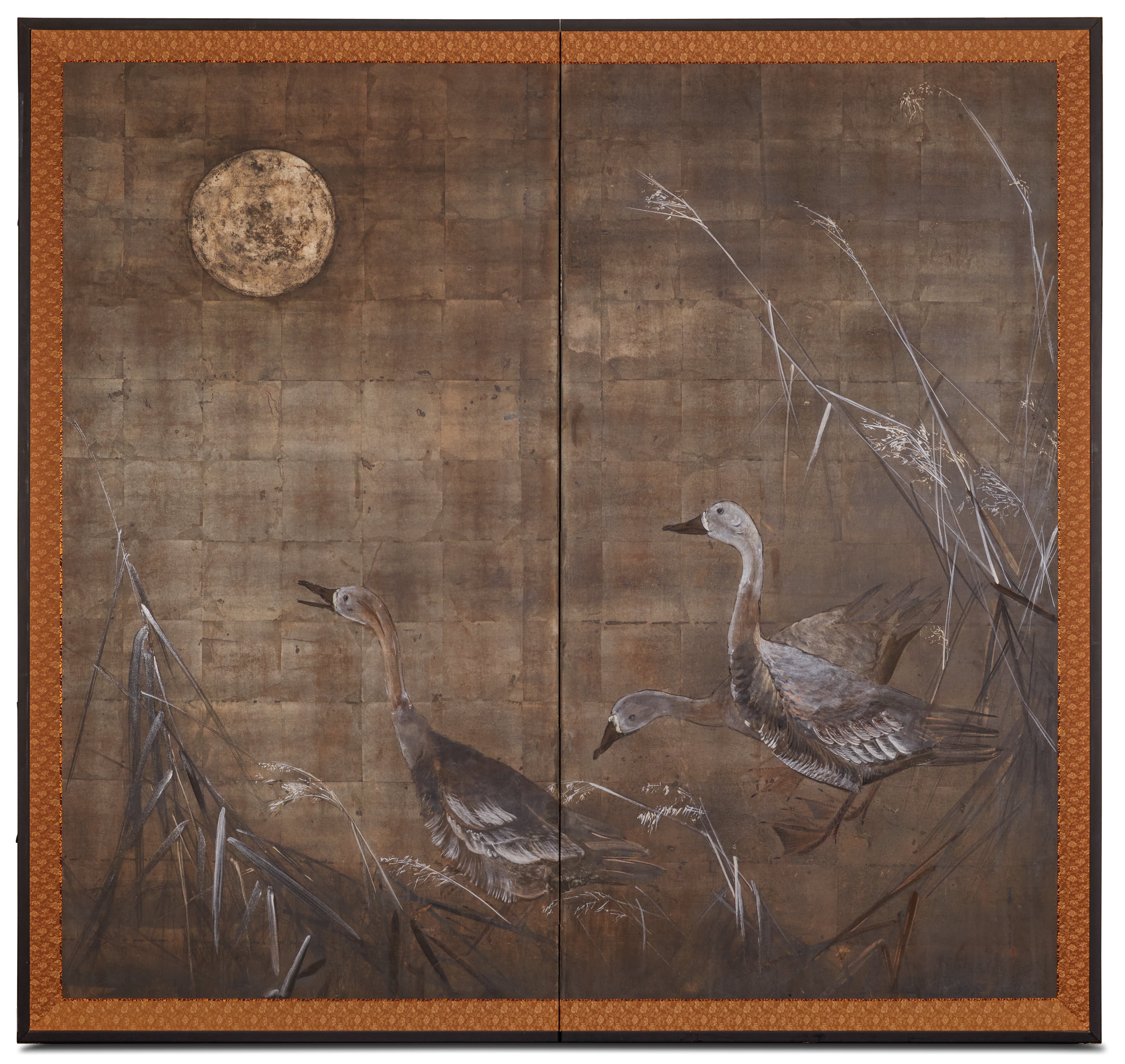 Japanese Two Panel Screen: Moonlit Landscape with Geese For Sale