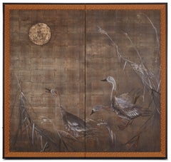 Paravent japonais à deux panneaux : paysage en lune éclairé avec oiseaux