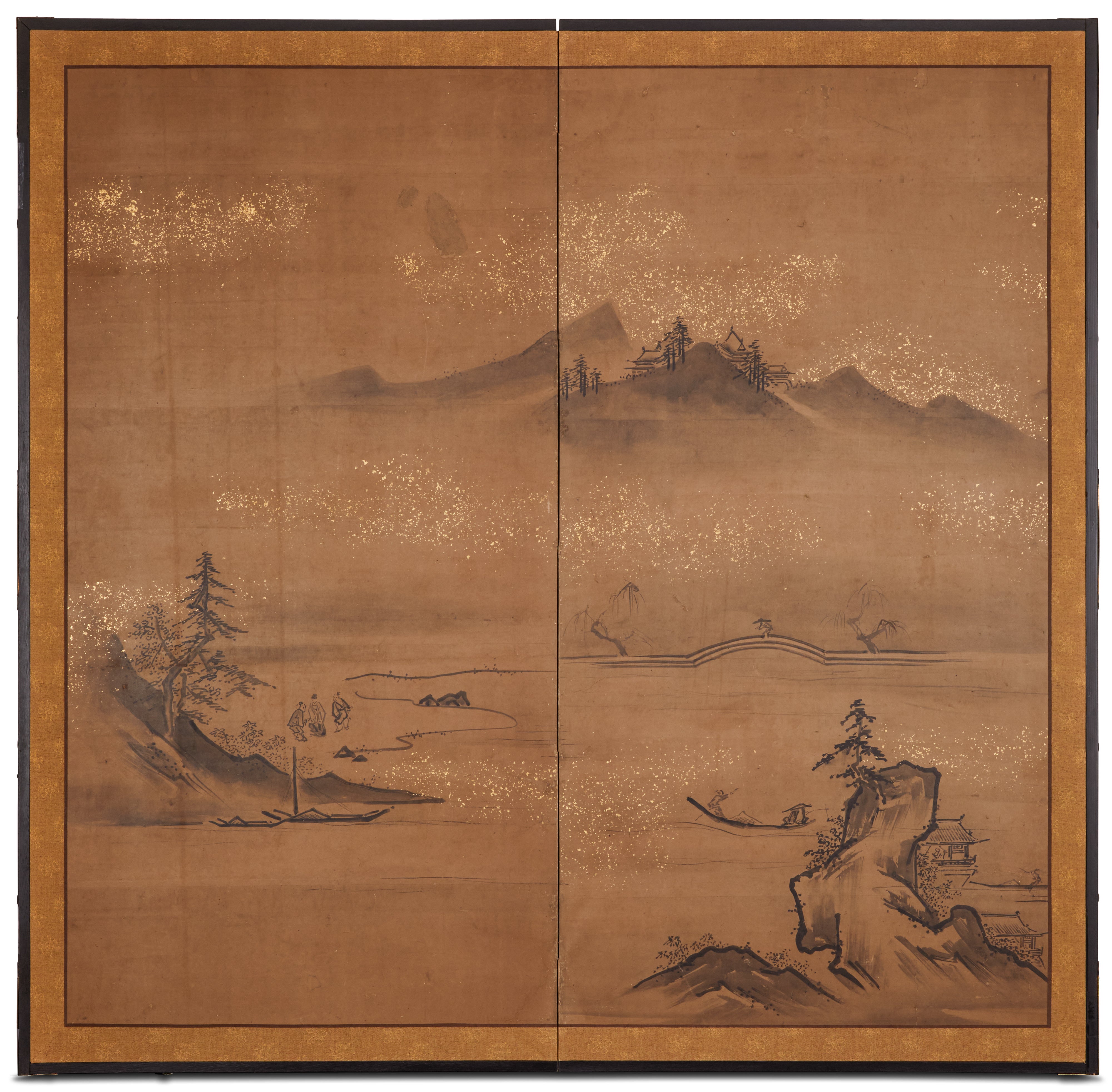 Japanese Two Panel Screen, Ink Landscape on Paper with Gold Dust