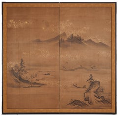 Japanese Two Panel Screen, Ink Landscape on Paper with Gold Dust