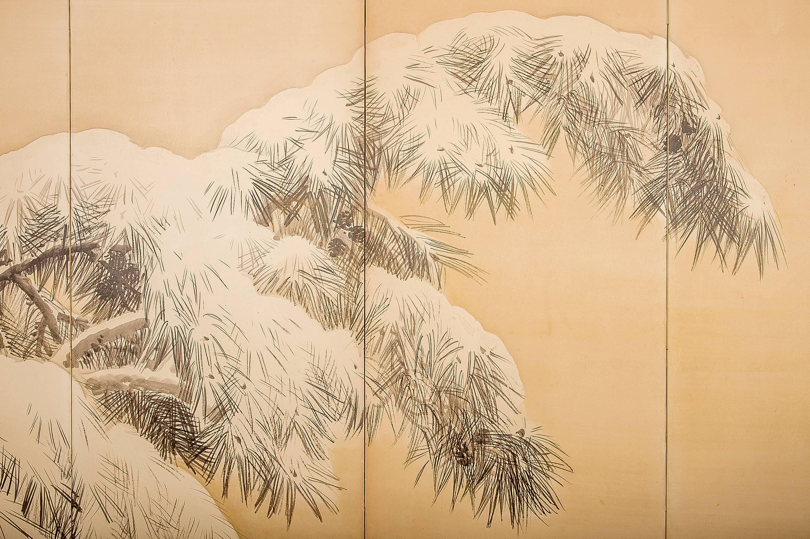 Japanese Six Panel Screen: Pine in Winter, Taisho period painting (1912 - 1926) in minimal color on paper, by Bunto Hayashi (1882-1966),  signed and sealed.  Hayashi was born in Kyoto, and studied under Maekawa Bunrei and Yamamoto Shunkyo. He