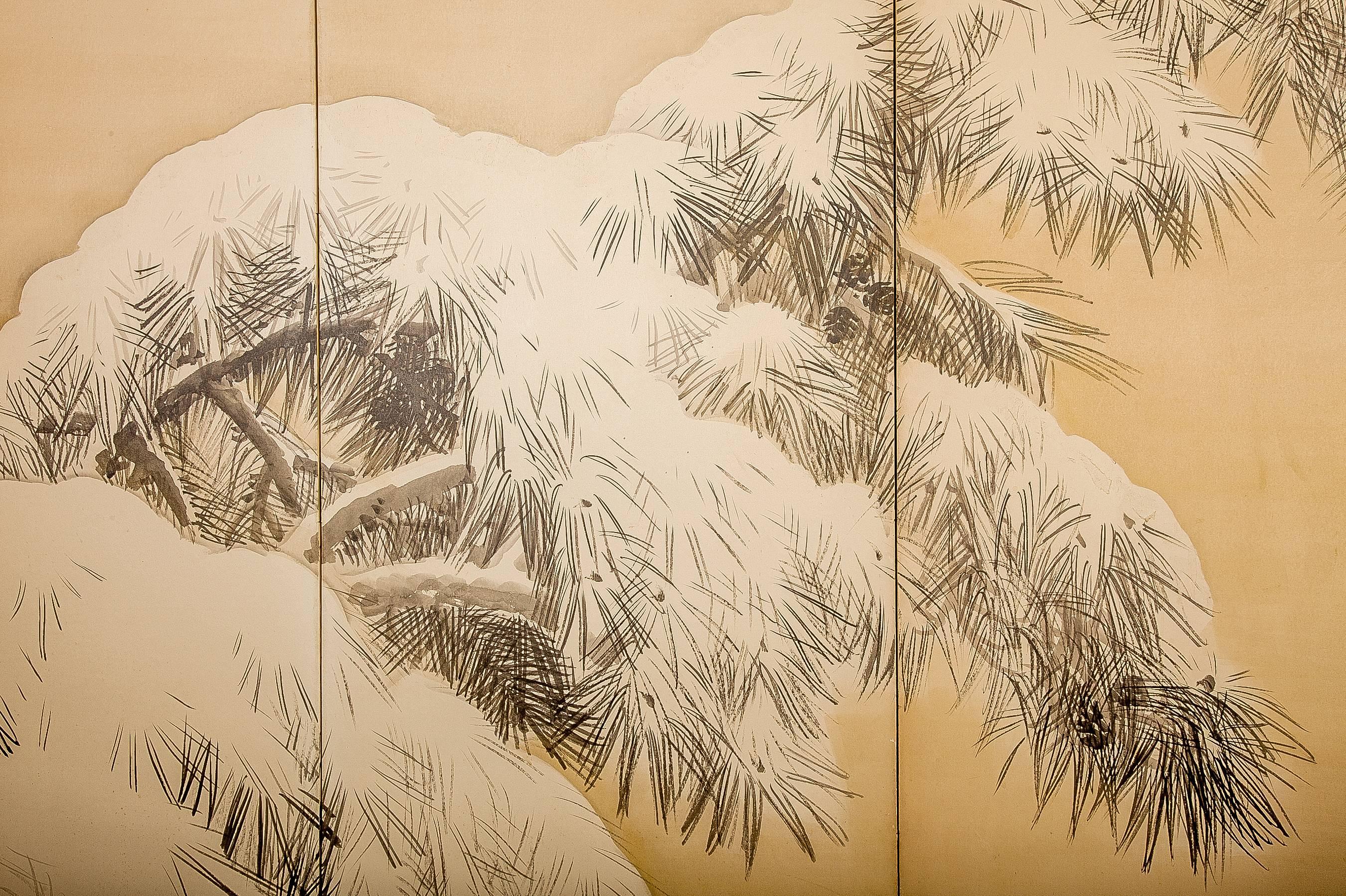 Taisho Japanese Six Panel Screen:  Pine in Winter