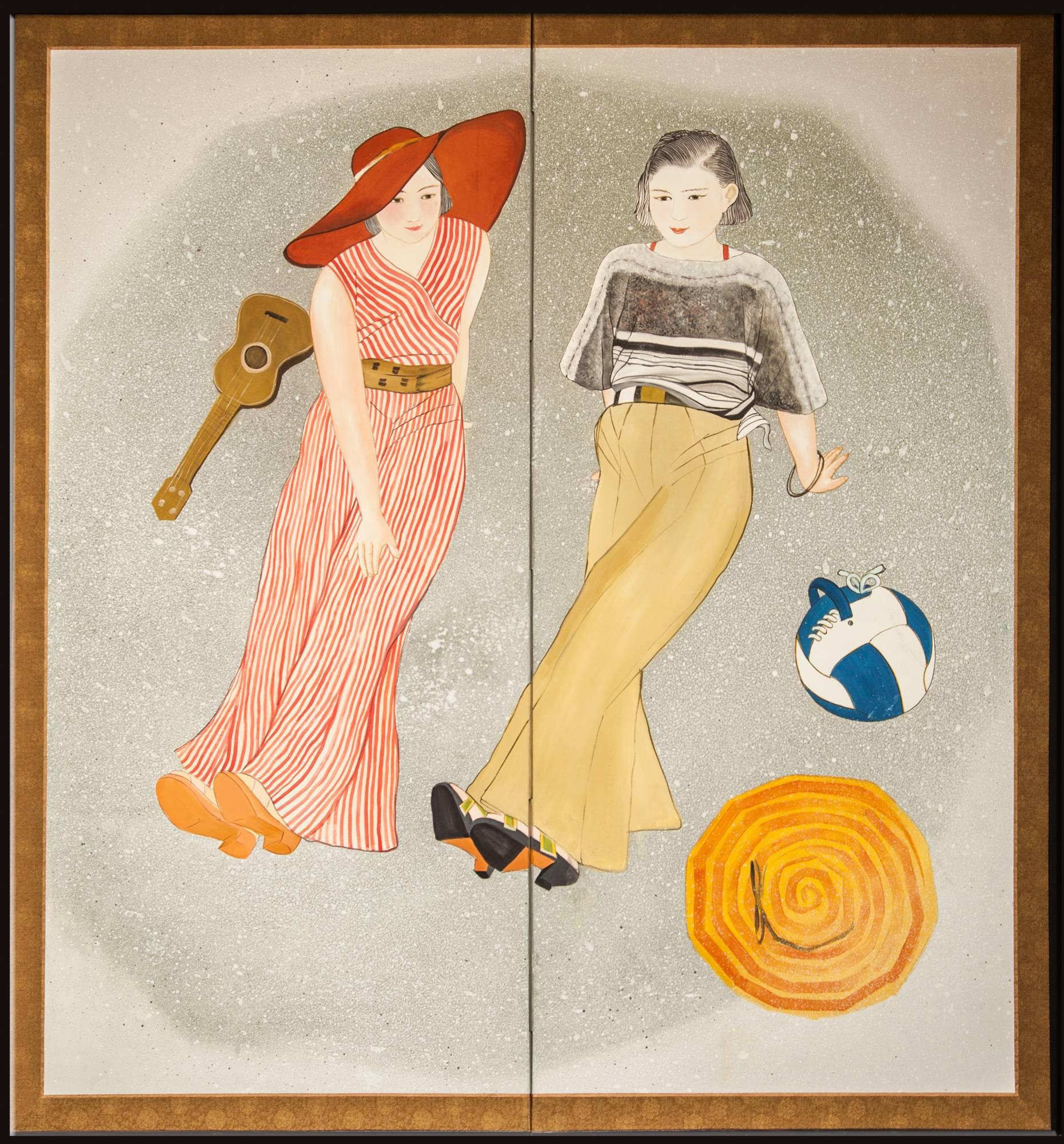 Japanese Two Panel Screen of Nihonga painting of girls in western dress under an umbrella at the beach.
Mineral pigments on mulberry paper.