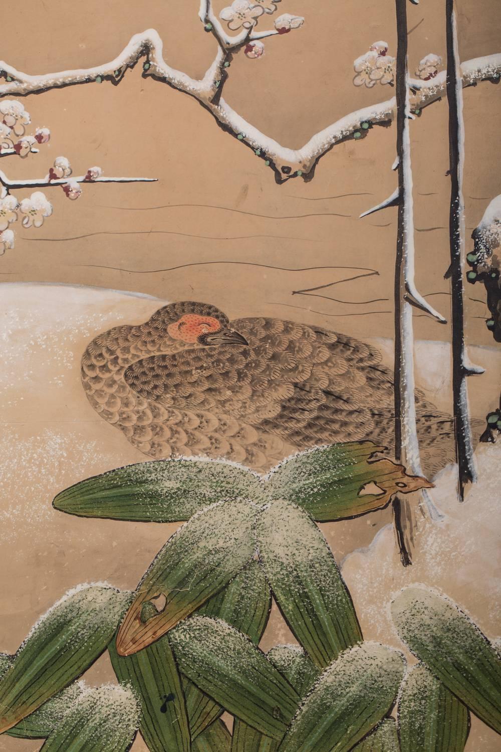 19th Century Japanese Four Panel Screen: Pheasants in Ancient Plum in Snowy Landscape For Sale