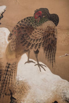 Japanese Four Panel Screen: Pheasants in Ancient Plum in Snowy Landscape