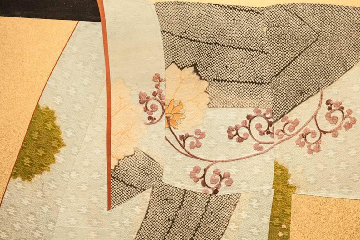 Japanese Two Panel Screen: Tagasode (Whose Sleeves?)  The phrase, “tagasode”, which translates to “whose sleeves?”, is a literary reference to early Japanese poetry (where the phrase is found most often) and is a classic motif in Japanese art.  By