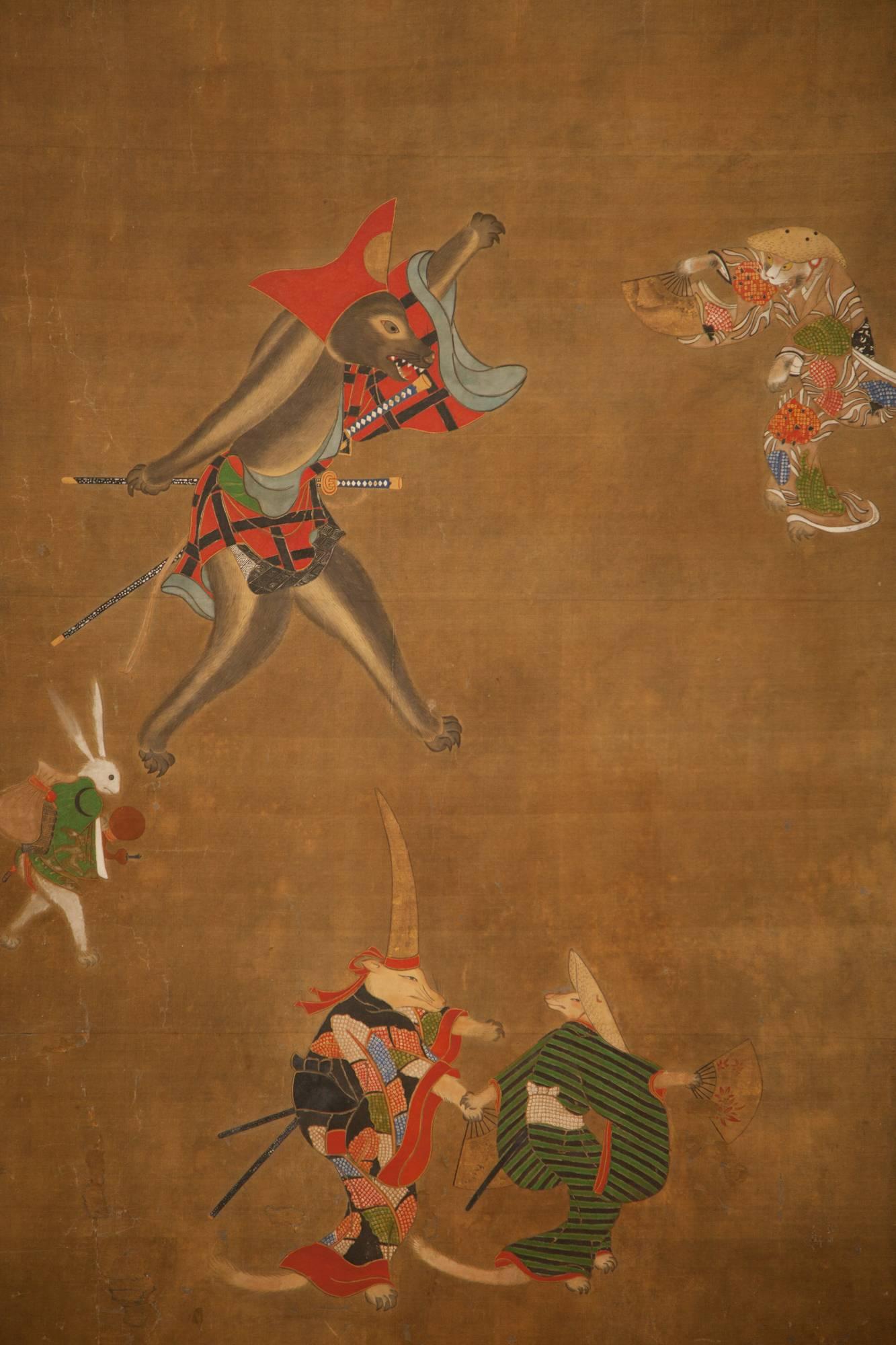 19th Century Japanese Two Panel Screen: Dancing Zodiac Animals at New Years Festival For Sale