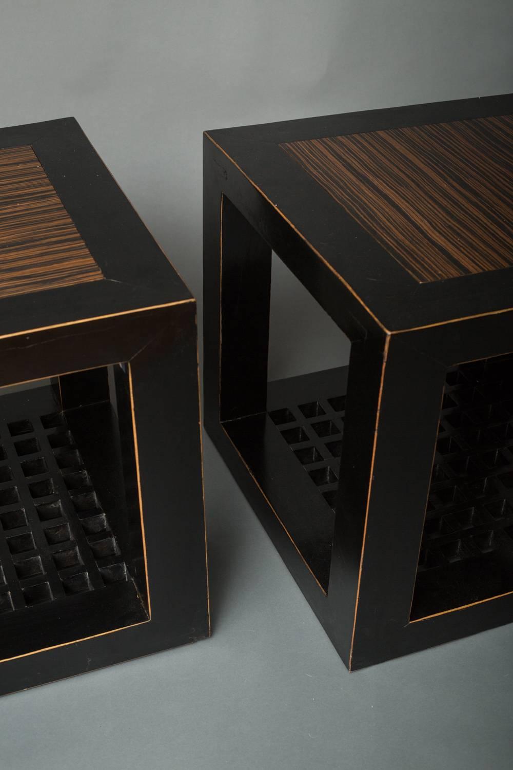 Pair of cube tables with zebrawood tops.