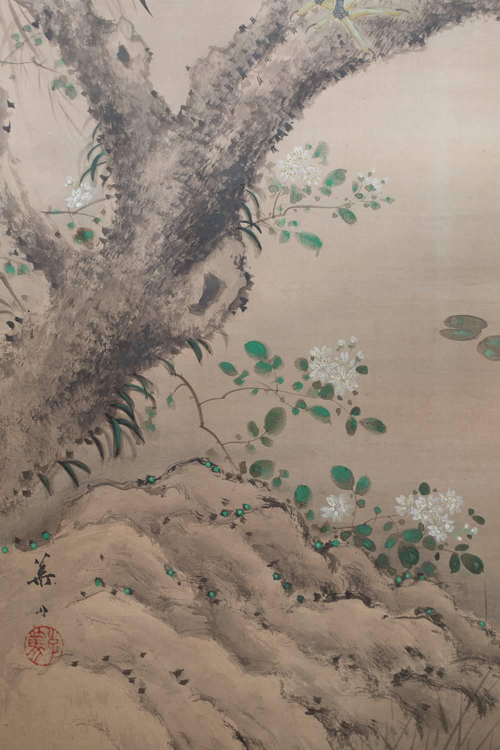 20th Century Japanese Two Panel Screen:  Herons in Willow by Pond's Edge