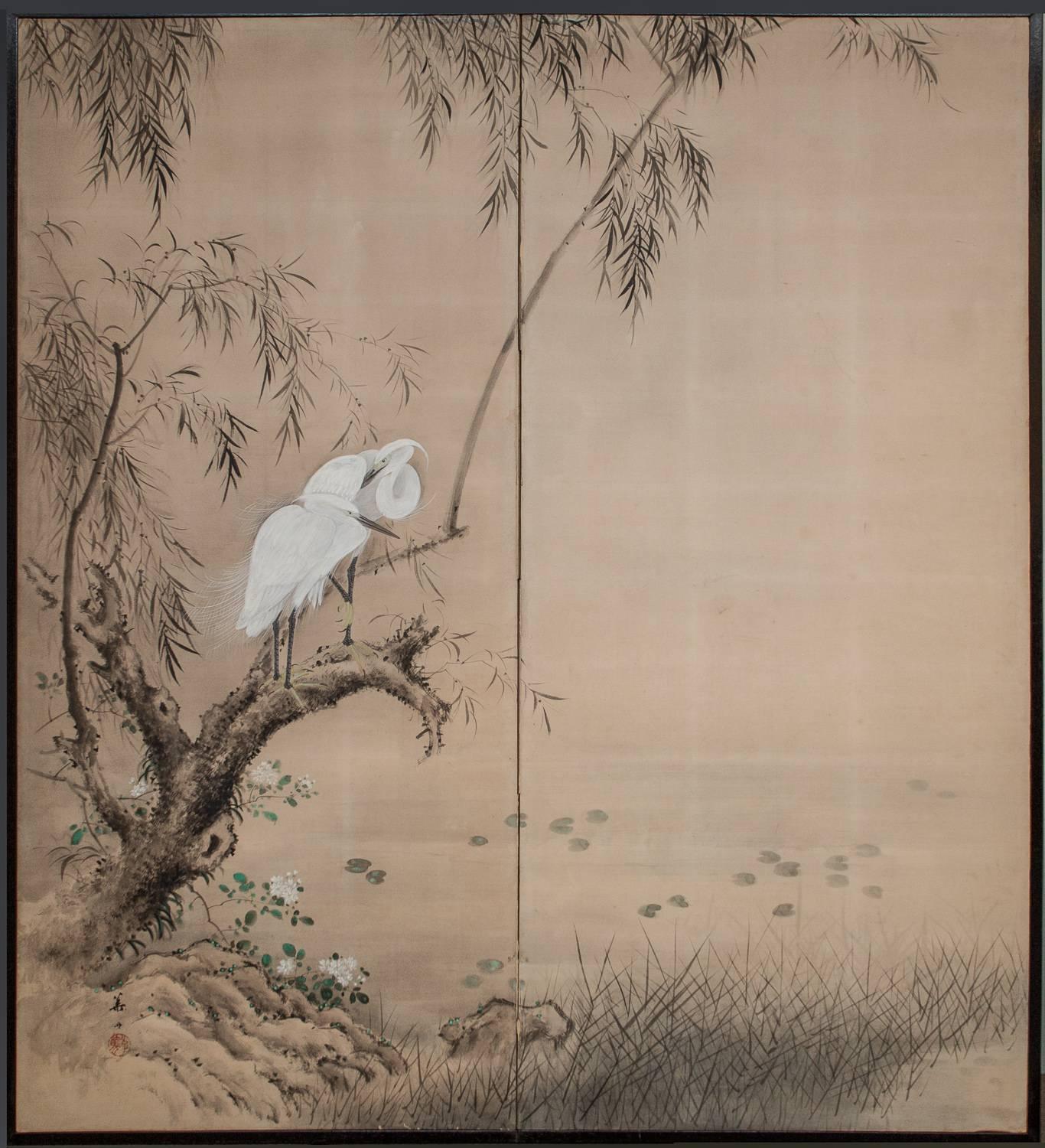 Japanese Two Panel Screen:  Herons in Willow by Pond's Edge
Mineral pigments on mulberry paper
Artist signature and seal read: Yoshi Take / Houshou
One of a pair with S1515B, sold separately