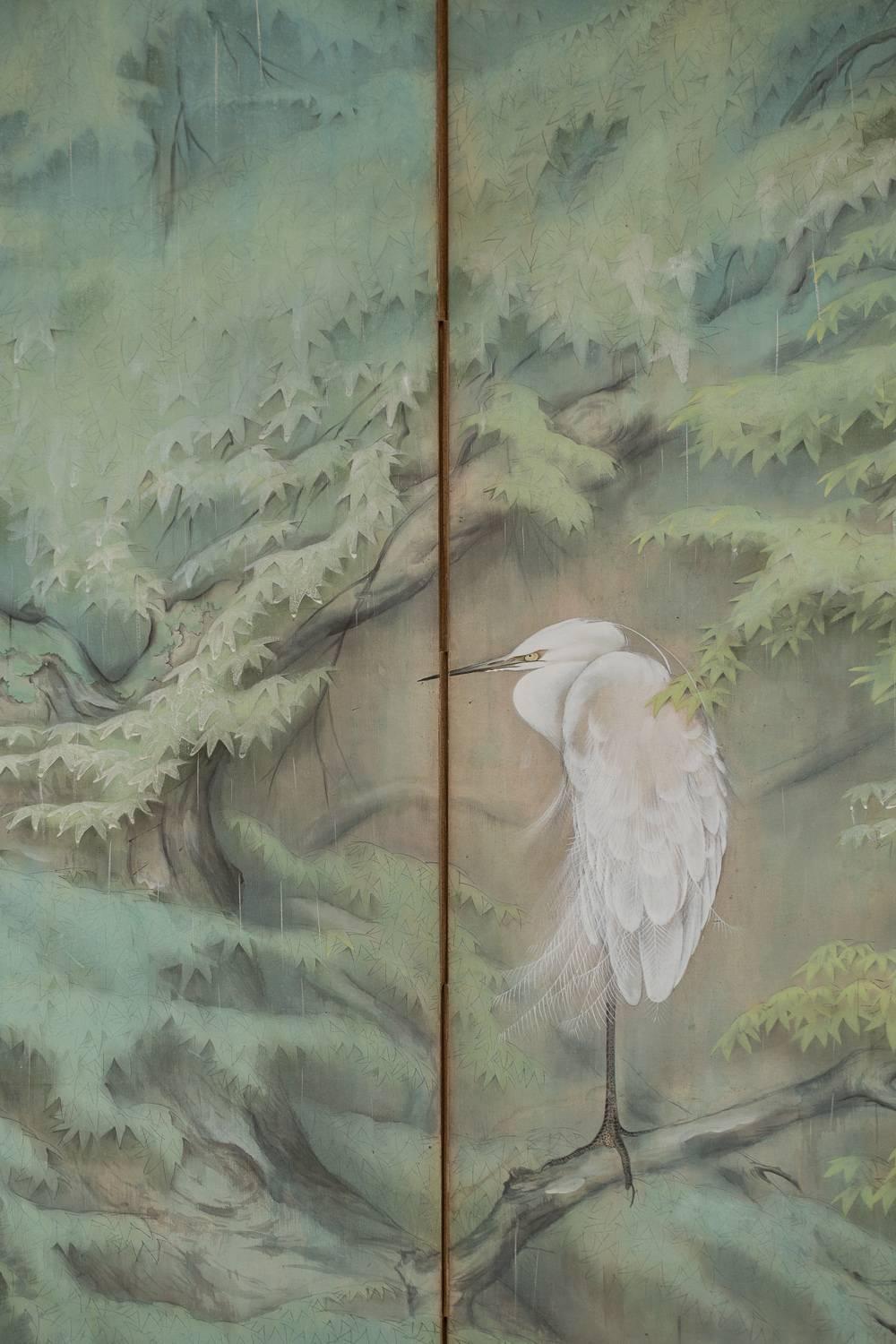 Japanese Six Panel Screen: Egret in the Rain In Excellent Condition In Hudson, NY