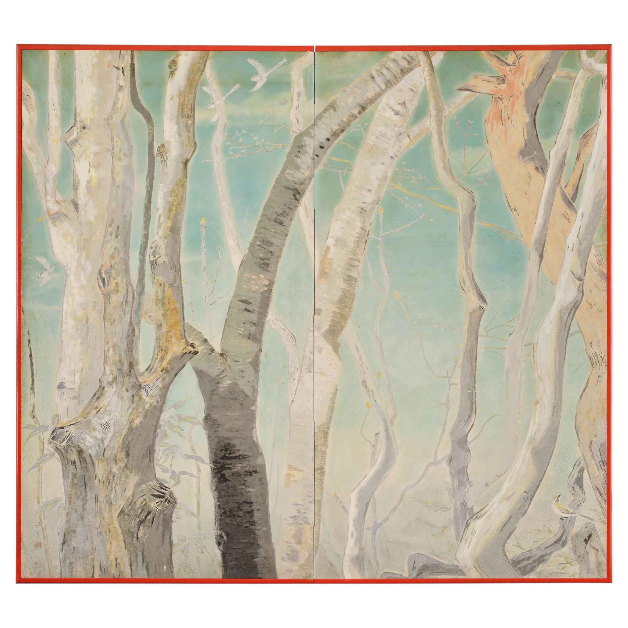 Japanese Two Panel Screen: A View Through the Trees