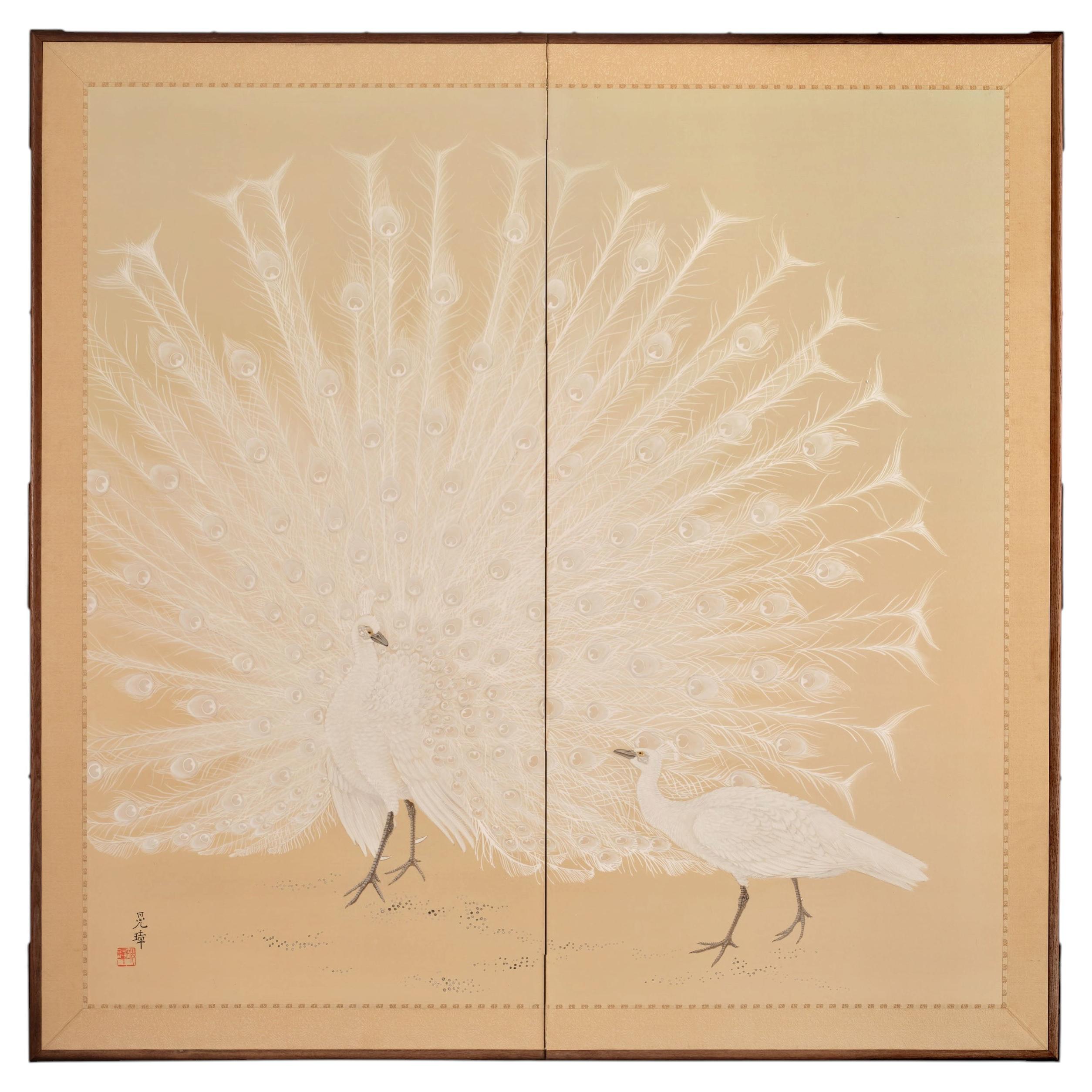 Japanese Two Panel Screen: White Peafowl in Courtship Display