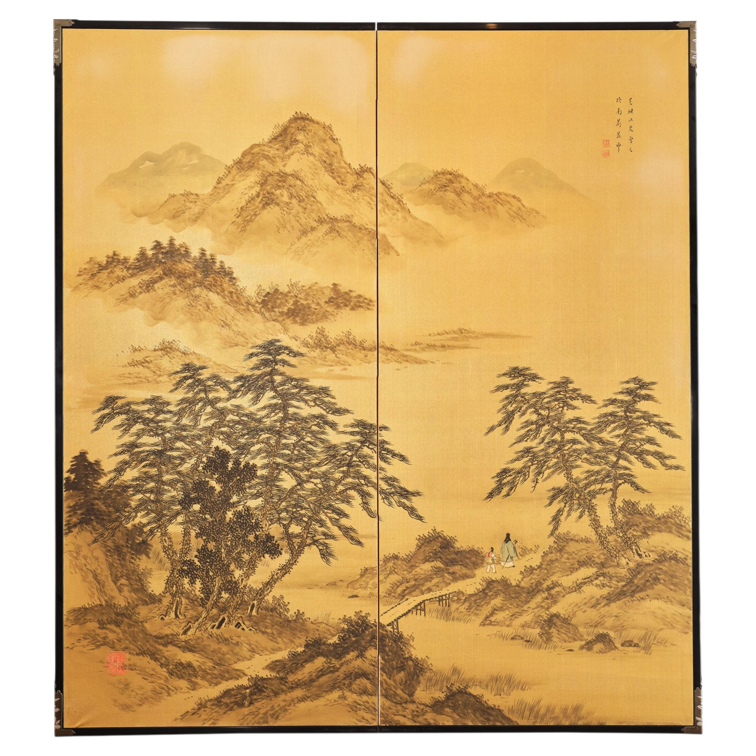 Japanese Two Panel Screen: Rural Mountain Landscape
