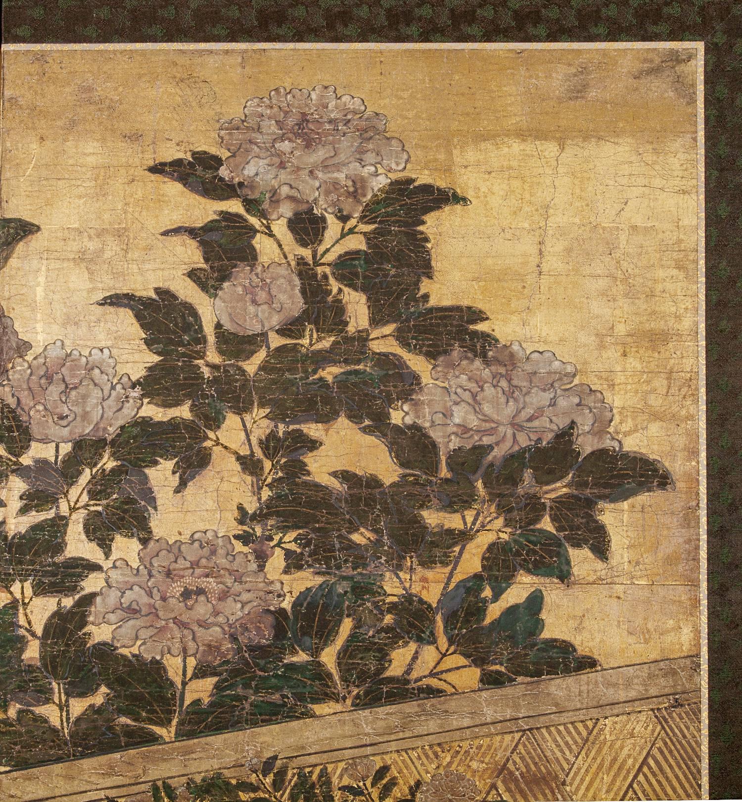 Edo Japanese Two Panel Screen: Summer Flowers in a Garden Setting