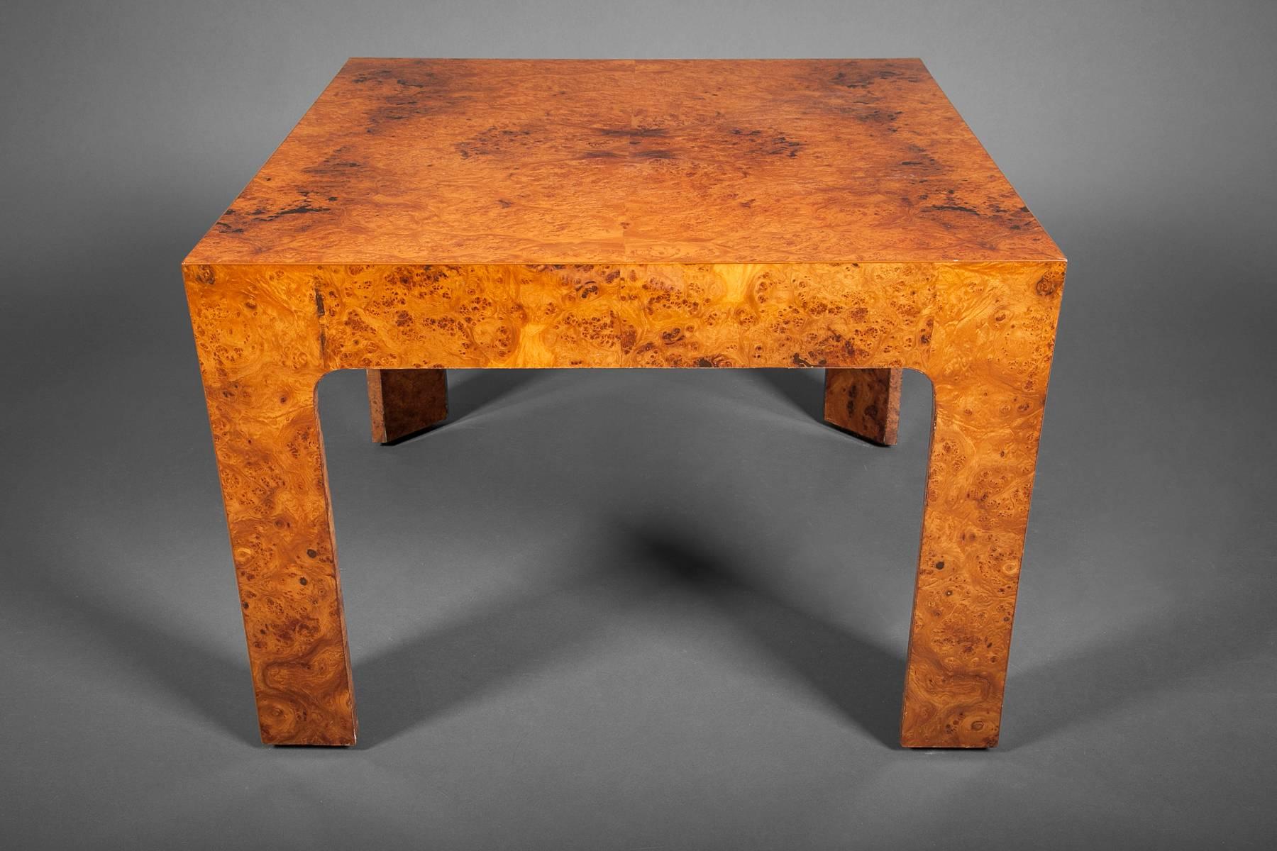 Art Deco Burl Wood Side Table, Single Burl Wood Side Table.  The clean lines showcase the beautiful burl wood grain.
