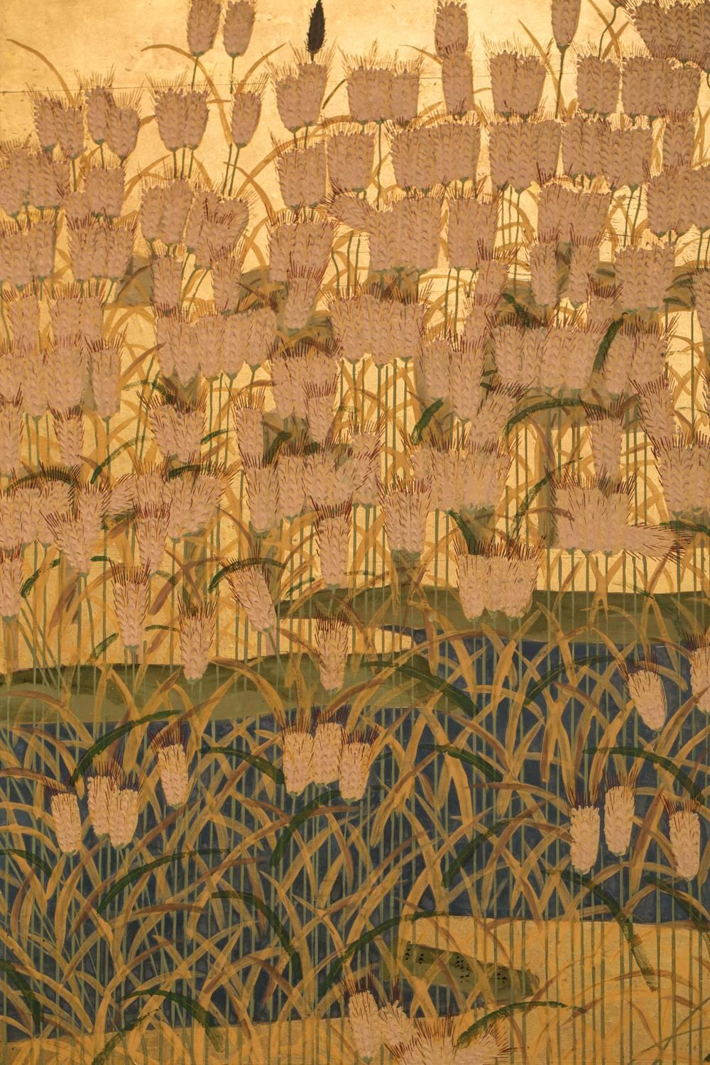 Japanese Six-Panel Screen: Field of Wheat by River's Edge In Excellent Condition In Hudson, NY