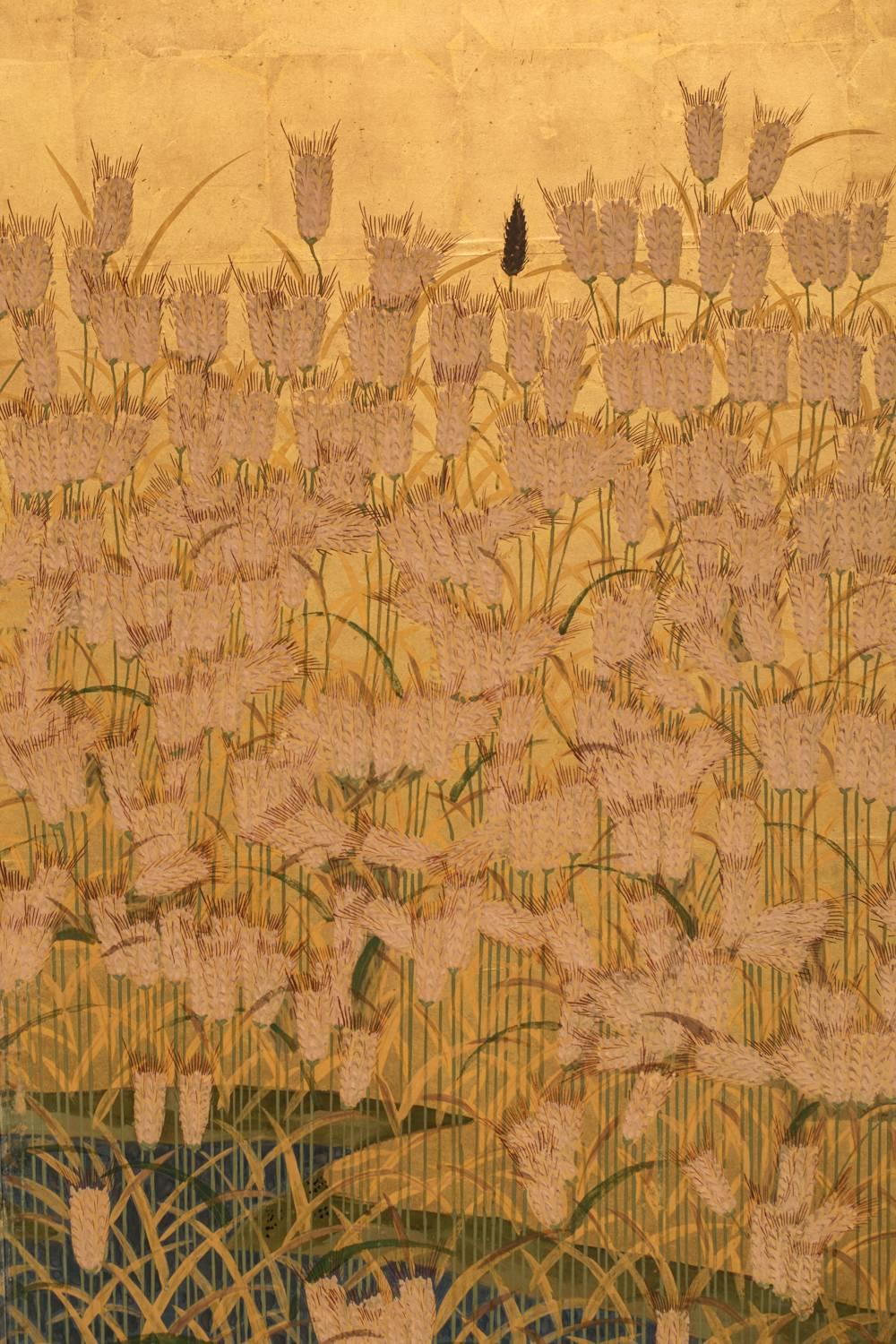 19th Century Japanese Six-Panel Screen: Field of Wheat by River's Edge