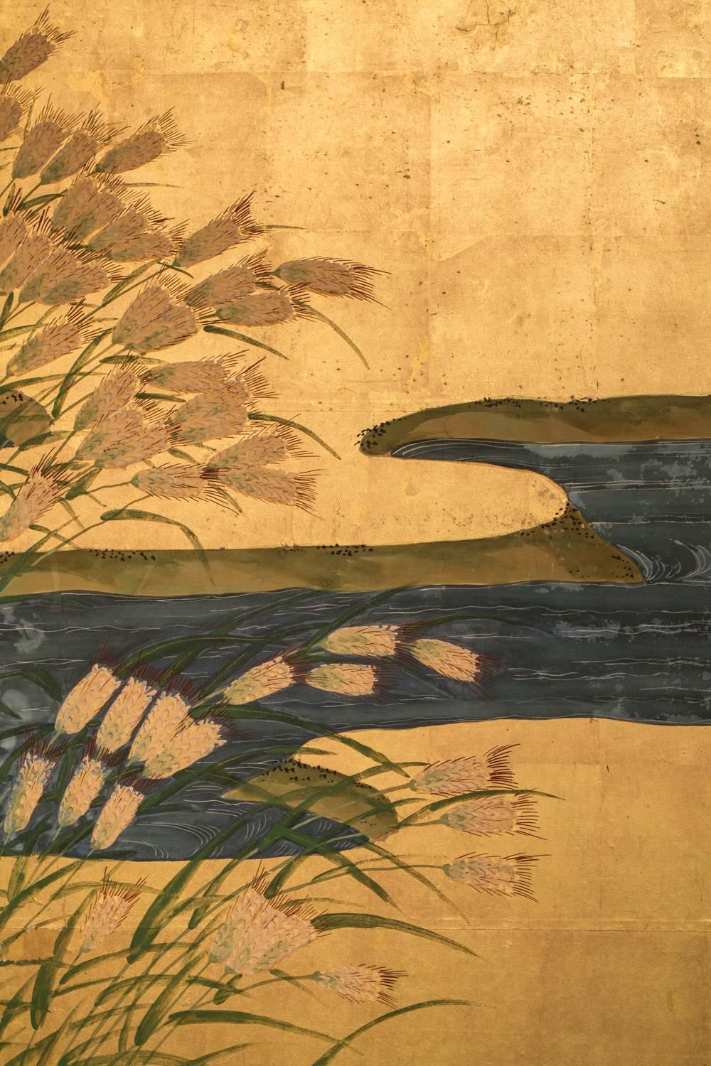Mineral pigments on gold leaf, signature and seal read: Kenzan.