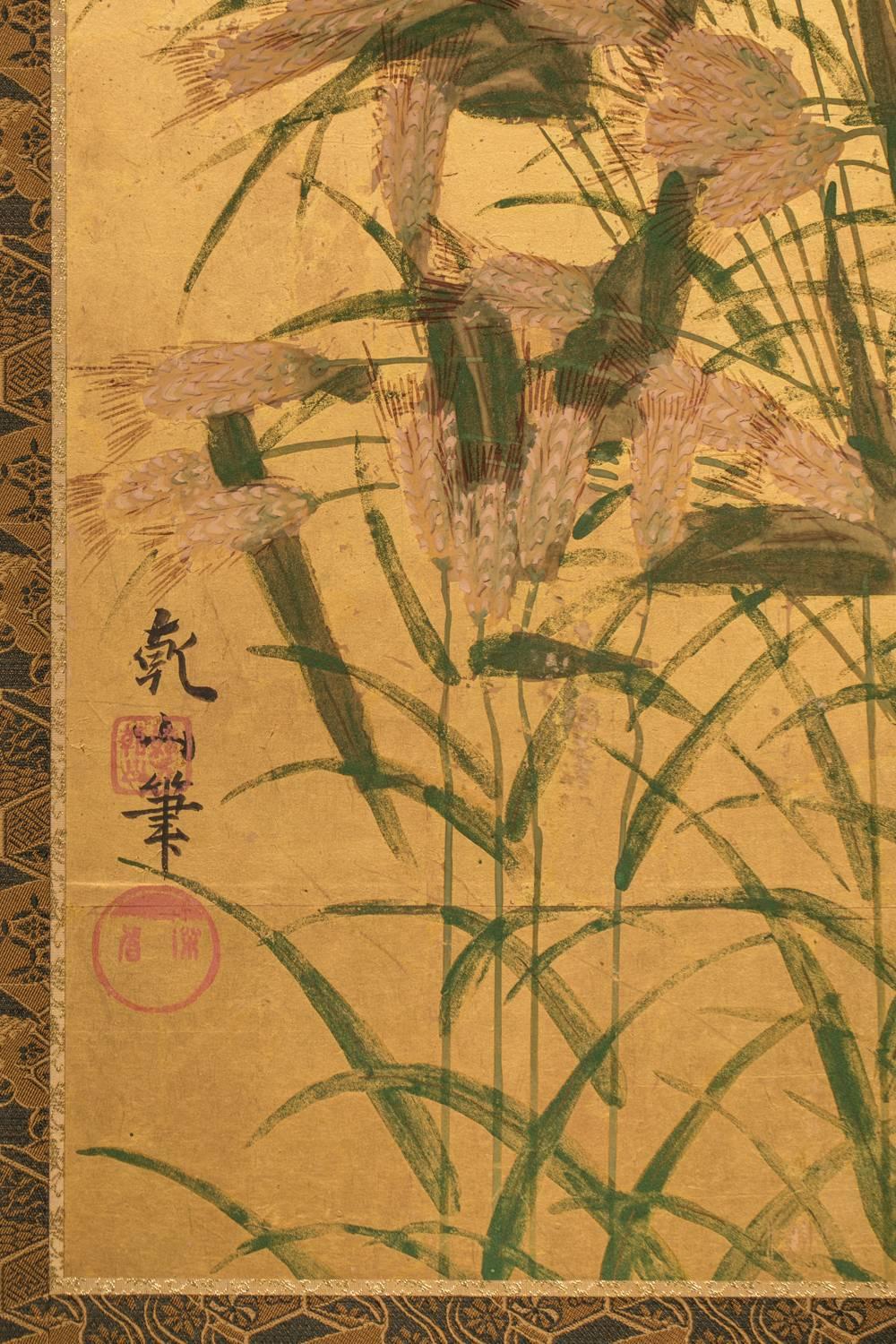19th Century Japanese Six Panel Screen Field of Wheat by River's Edge For Sale