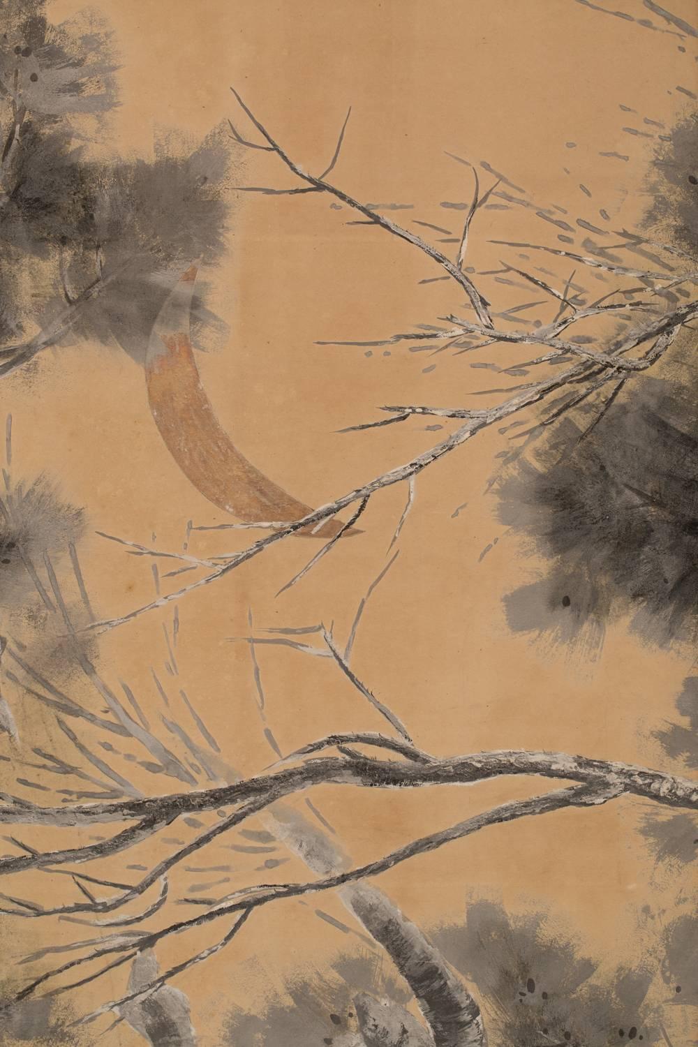 Japanese Six Panel Screen: Winter Scene of Pine, Plum, and Bamboo Under Crescent Moon.  Pine, plum and bamboo are known as the three friends of winter, because they all thrive and bloom during the winter months.  The Japanese phrase for the three