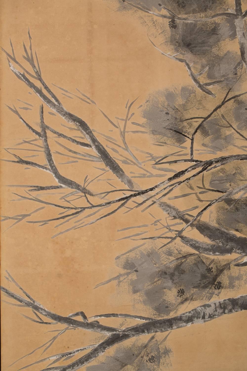 Paper Six Panel Japanese Screen: Winter Scene of Pine, Plum, and Bamboo For Sale