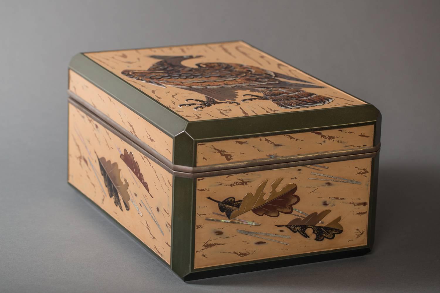 Japanese Antique Lacquer Document Box with Elaborate Hawk and Faux Oak Grain For Sale 1
