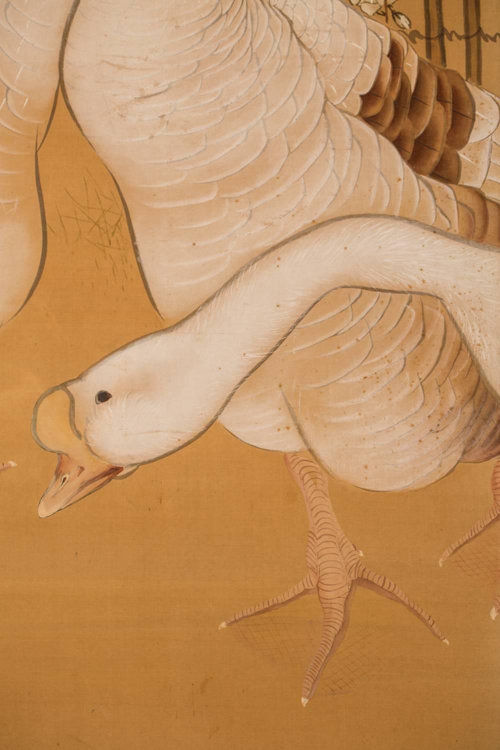Japonais Paravent japonais à deux panneaux : Oiseaux dans un décor champêtre en vente